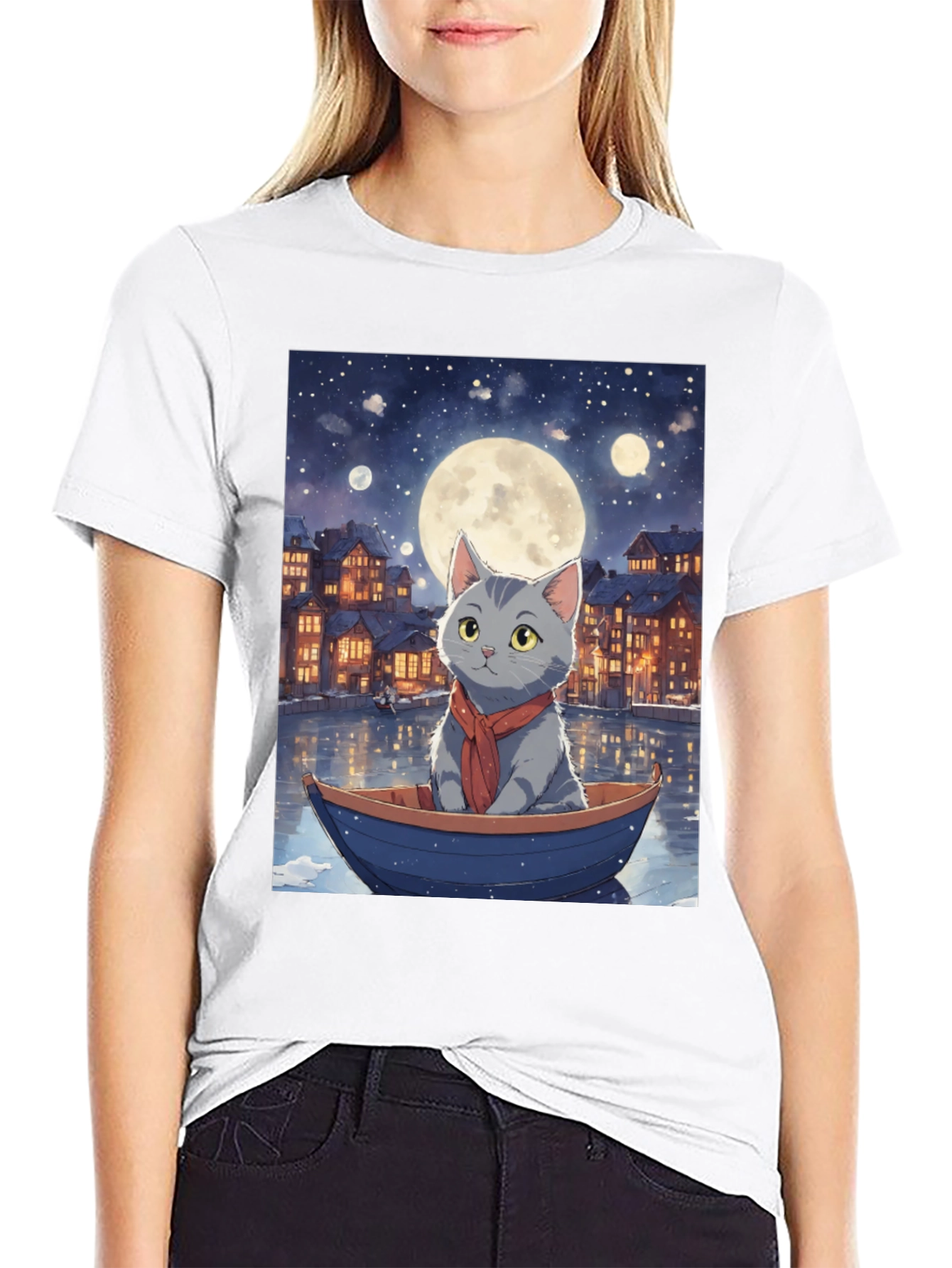 Cat in Boat T-Shirt - Moonlit Adventure
