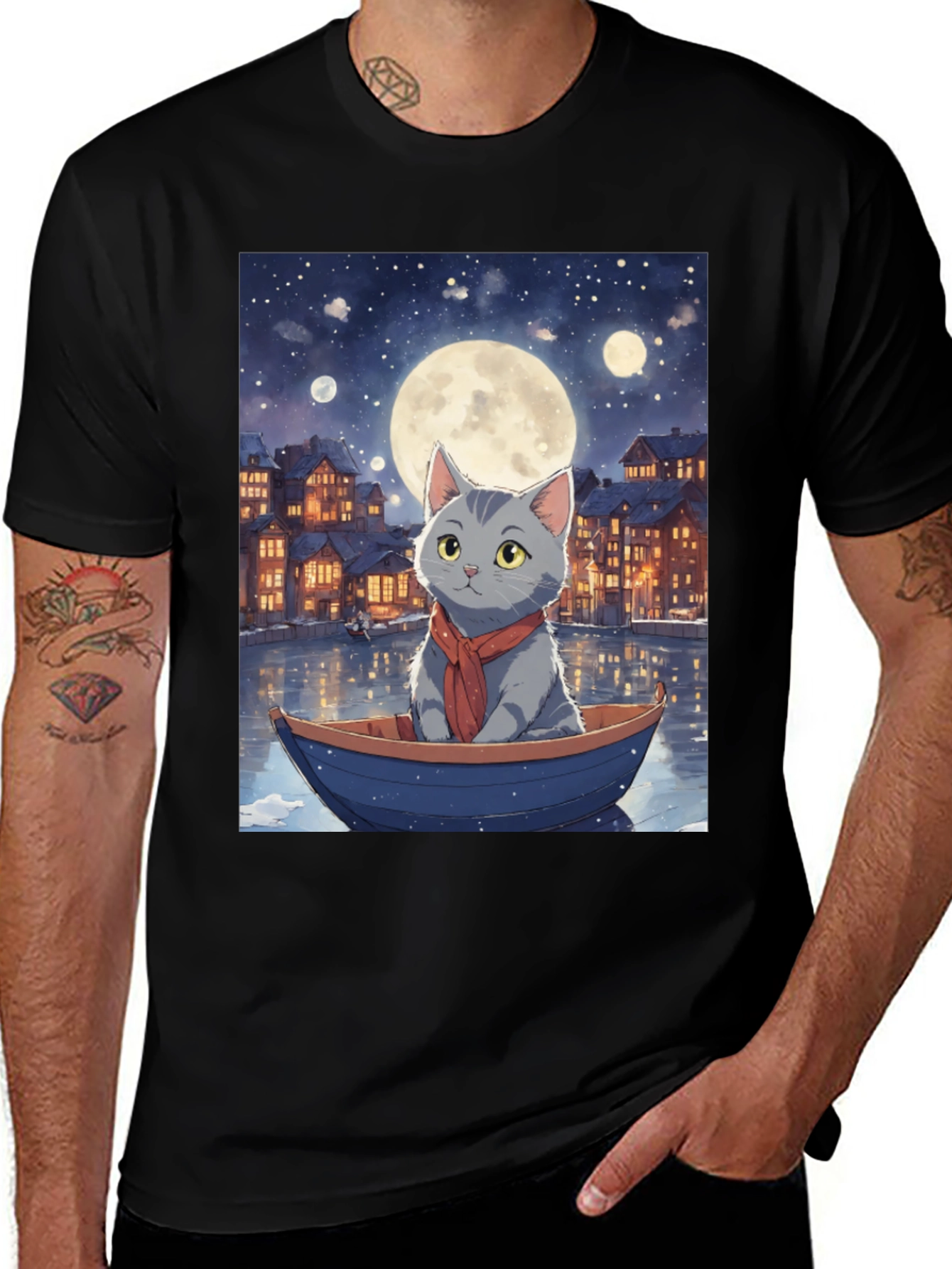 Cat in Boat T-Shirt - Moonlit Adventure