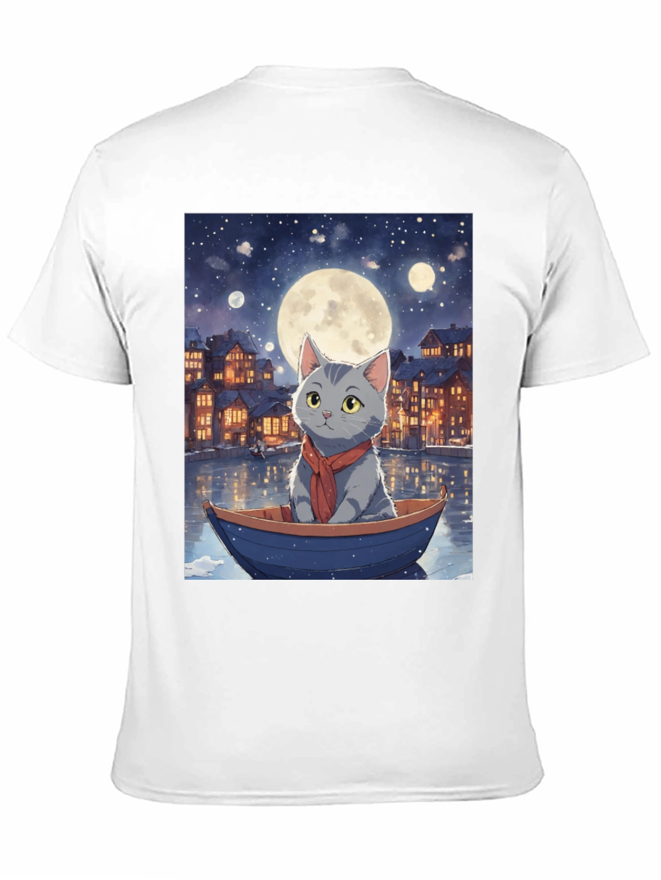 Cat in Boat T-Shirt - Moonlit Adventure