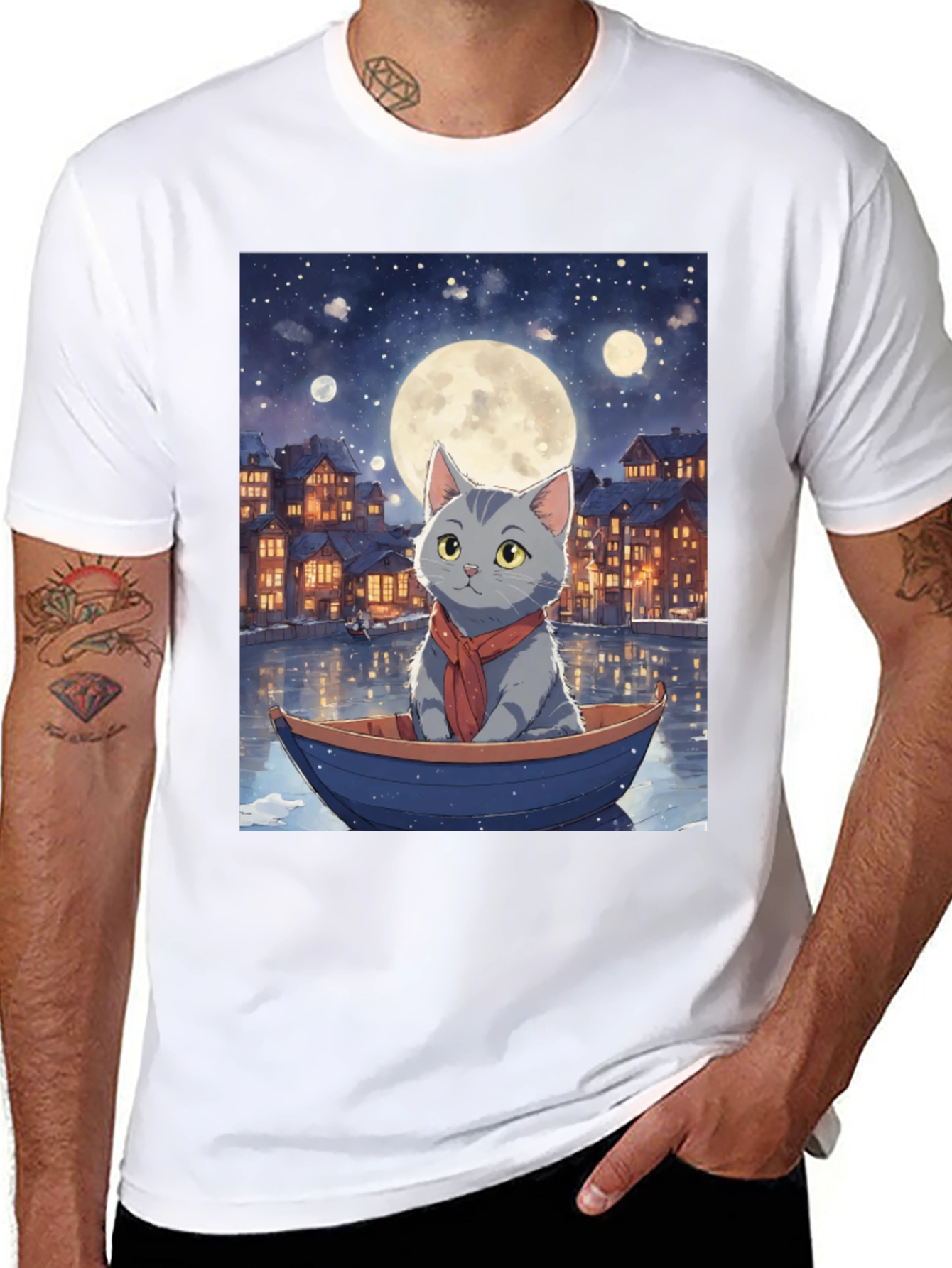 Cat in Boat T-Shirt - Moonlit Adventure