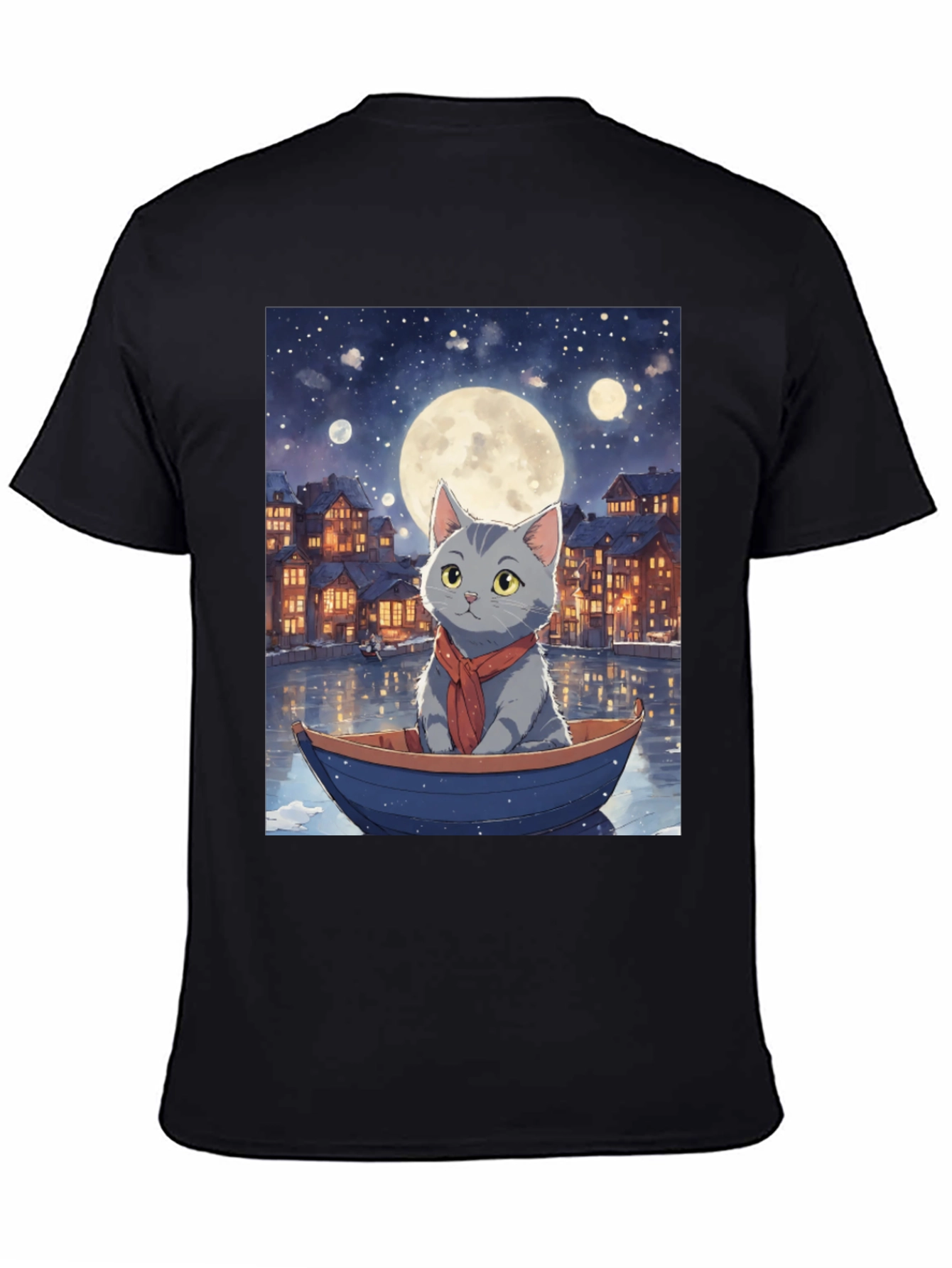 Cat in Boat T-Shirt - Moonlit Adventure