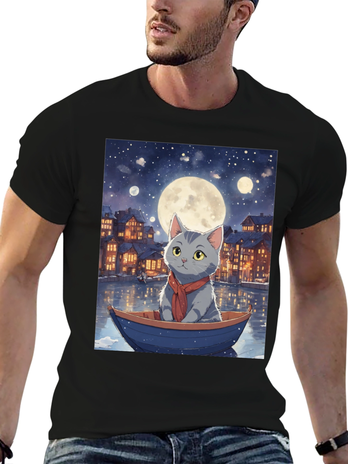 Cat in Boat T-Shirt - Moonlit Adventure