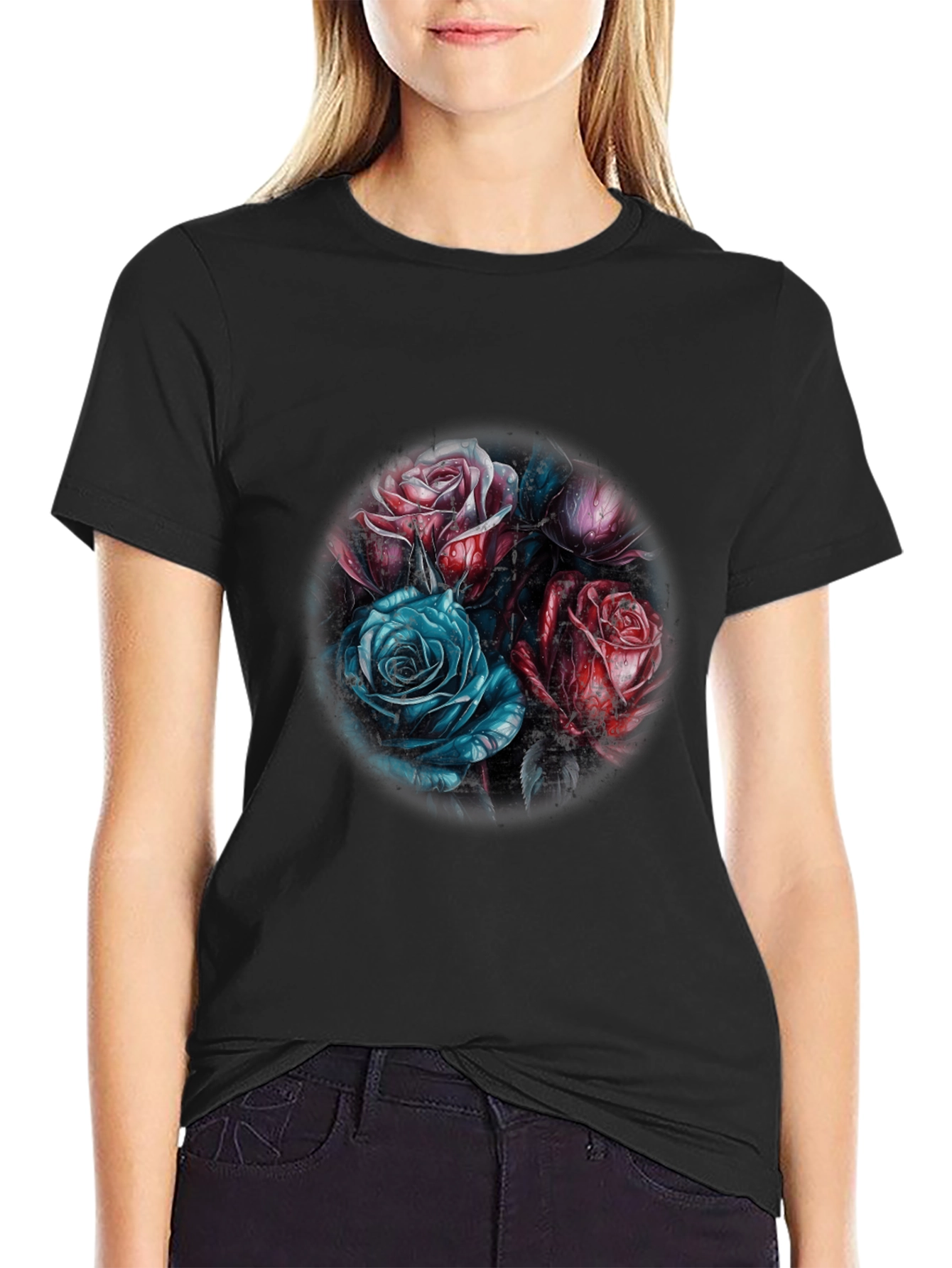 Floral Rose Graphic T-Shirt - Stylish Black Tee