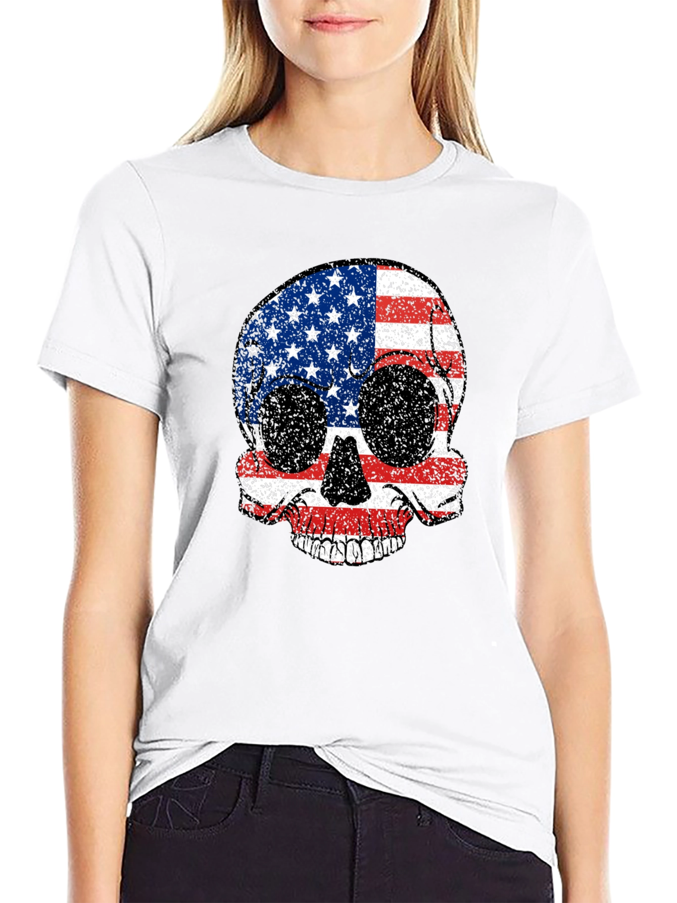 American Flag Skull Graphic Tee - Patriotic Style