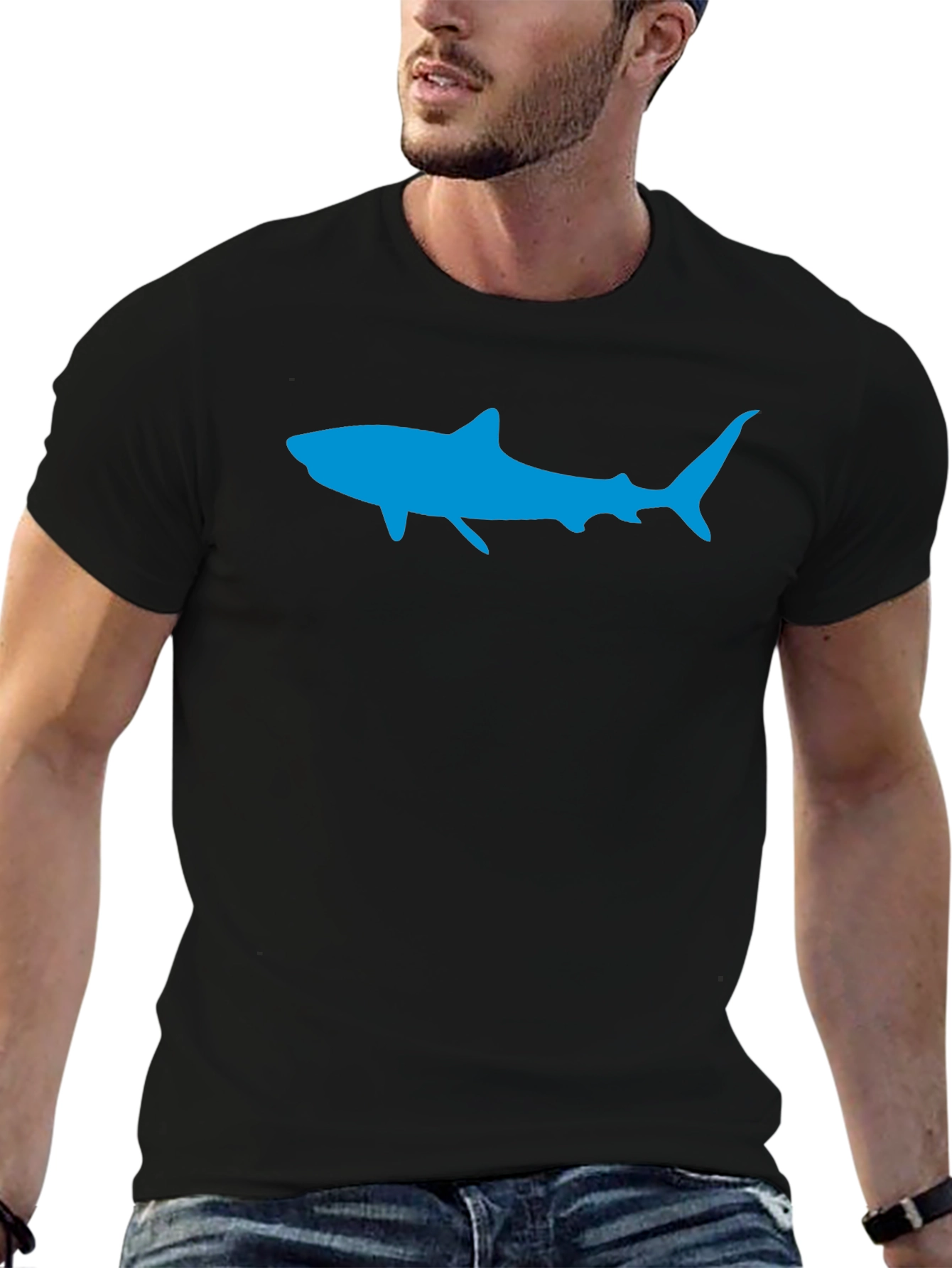 Mens Black T-Shirt with Blue Shark Graphic