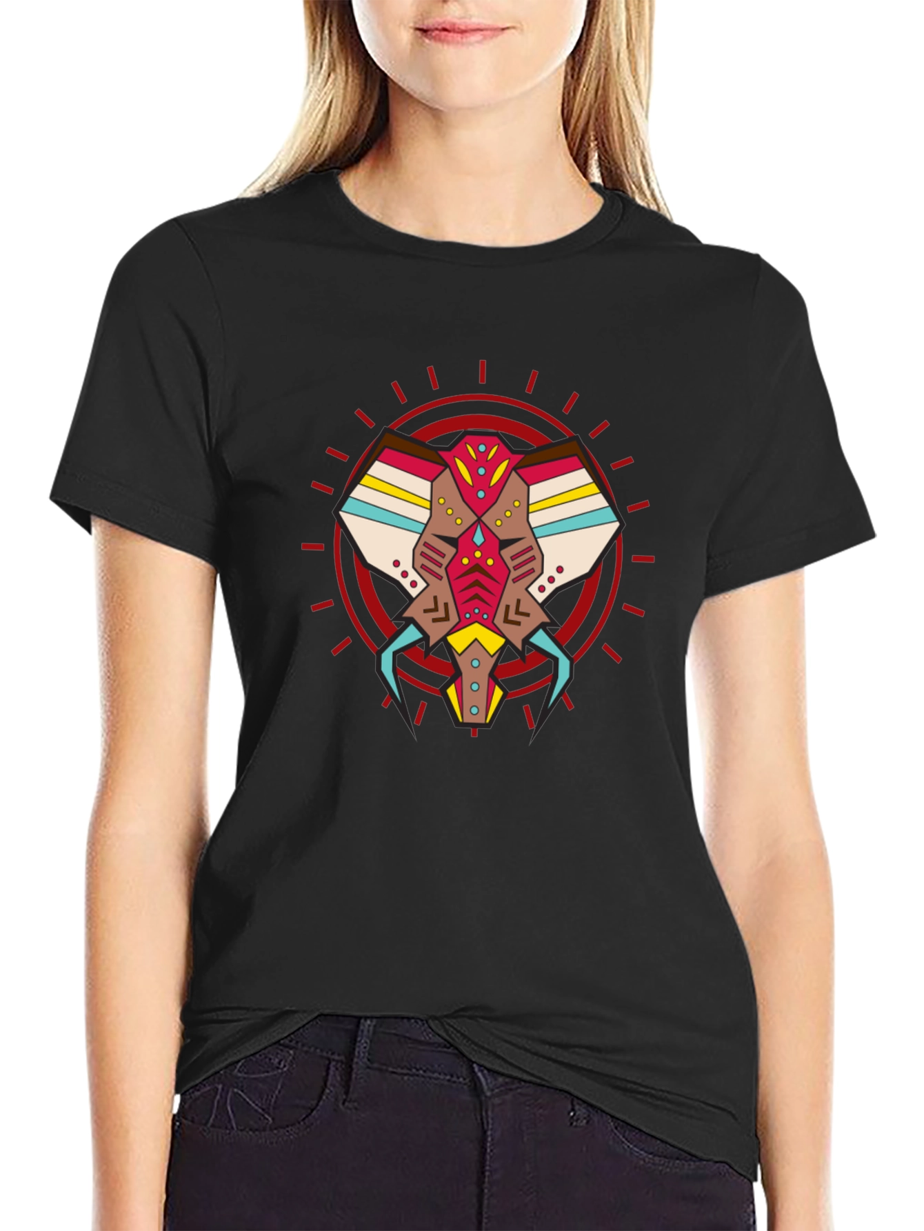 Abstract Geometric Elephant Graphic Tee - Black