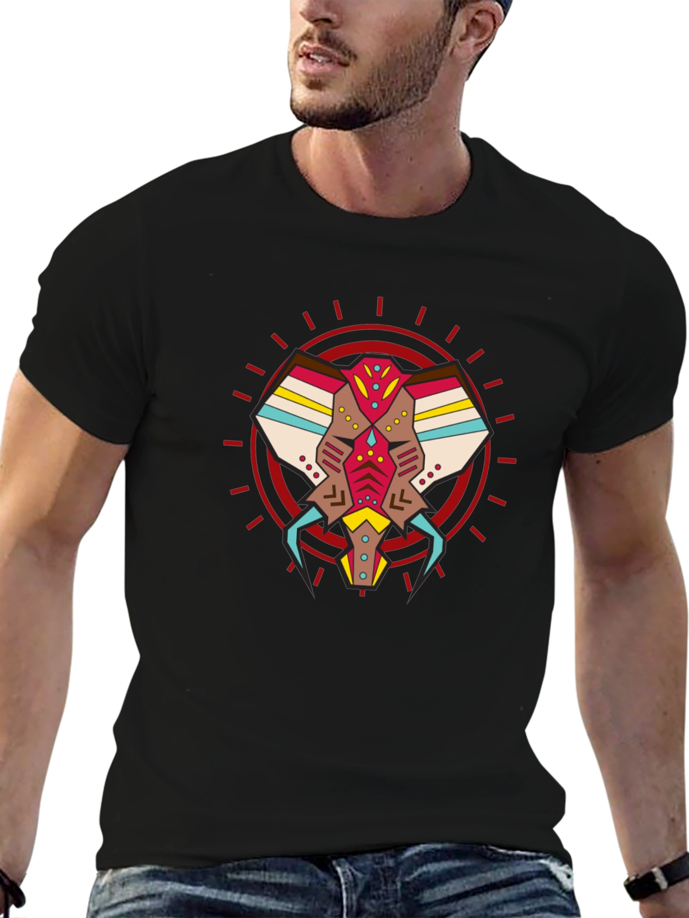 Abstract Geometric Elephant Graphic Tee - Black