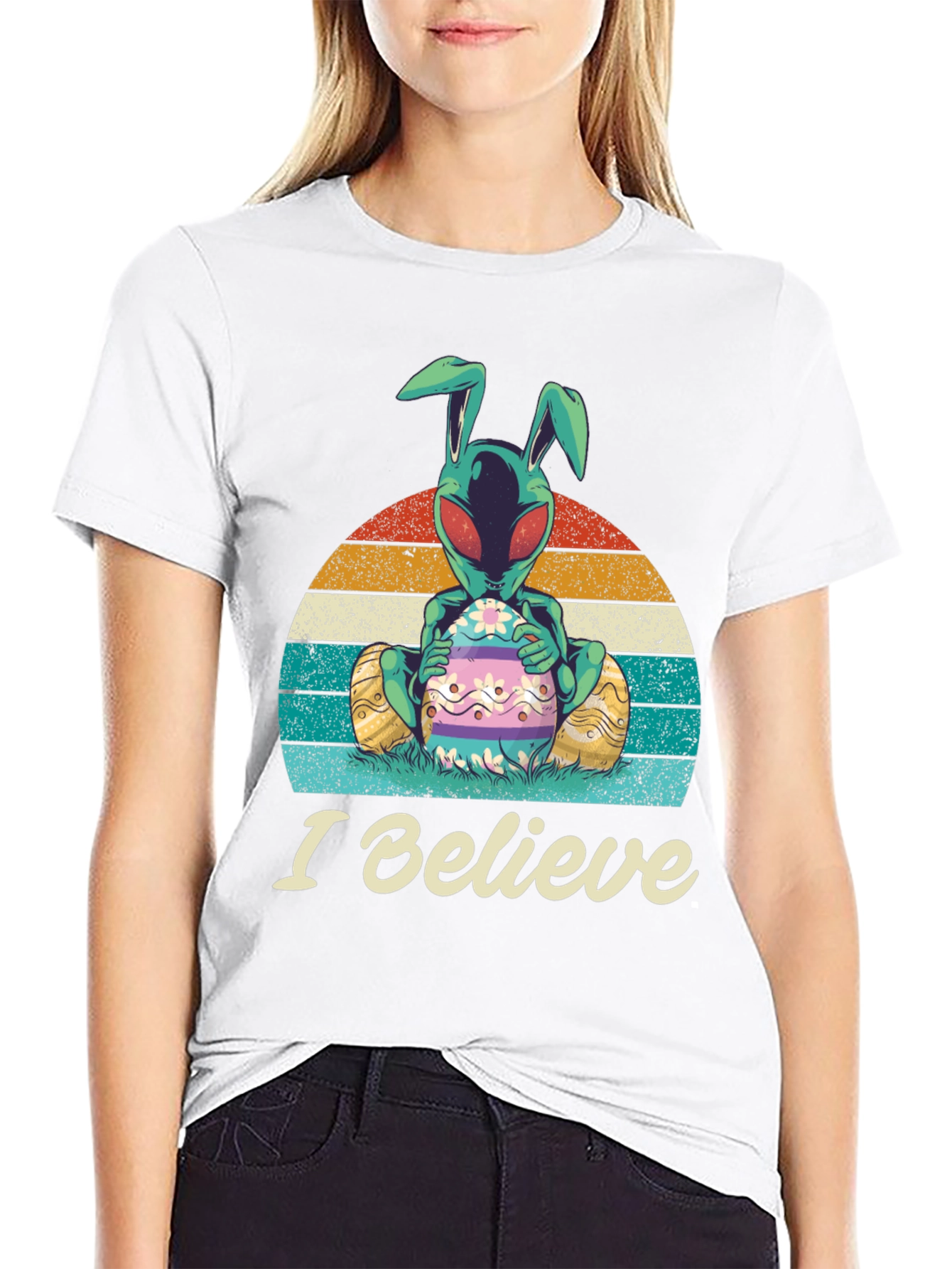 I Believe Alien Easter Bunny Graphic T-Shirt