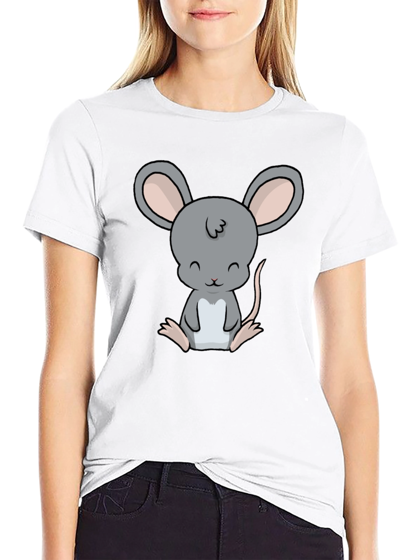Cute Cartoon Mouse Graphic Black T-Shirt