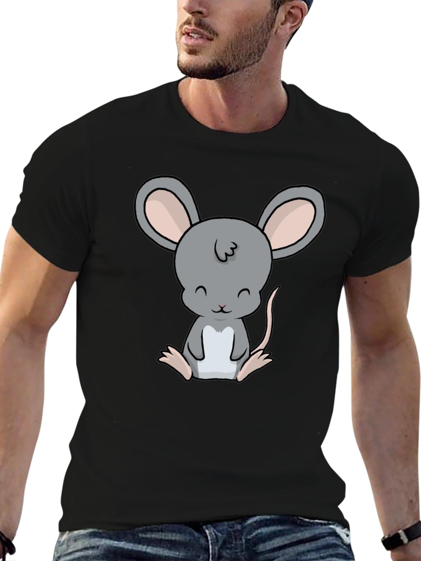 Cute Cartoon Mouse Graphic Black T-Shirt