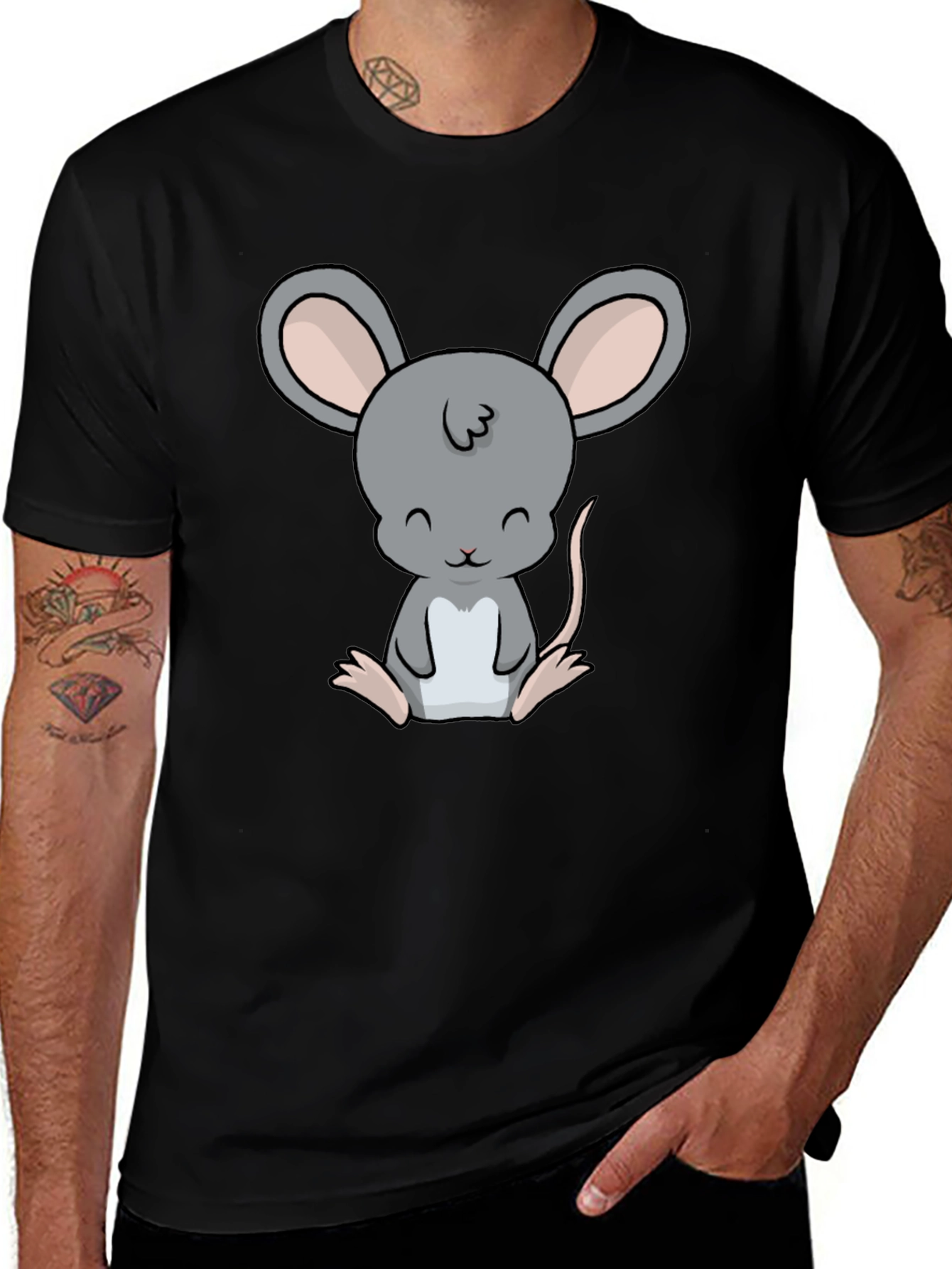 Cute Cartoon Mouse Graphic Black T-Shirt