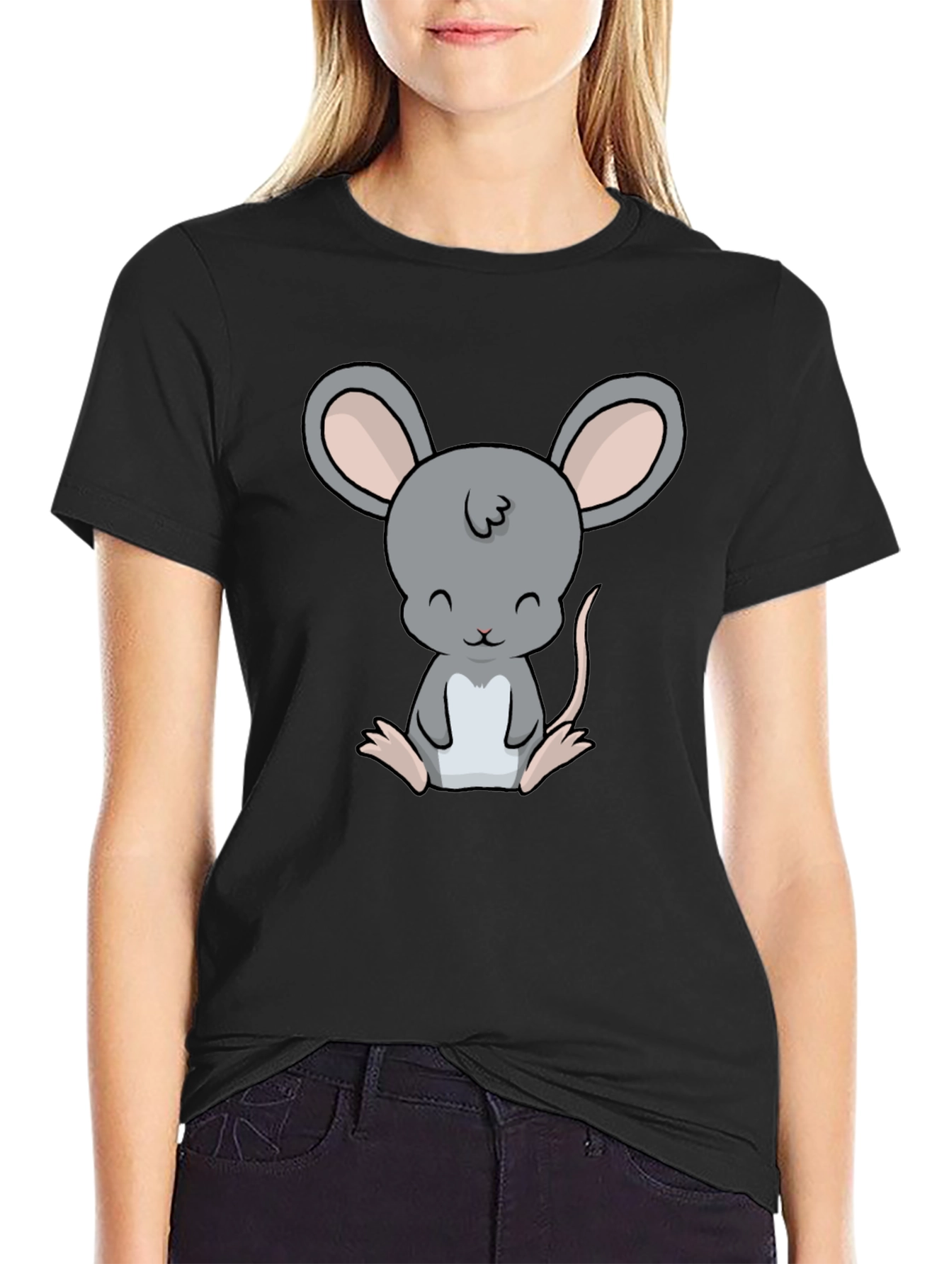 Cute Cartoon Mouse Graphic Black T-Shirt
