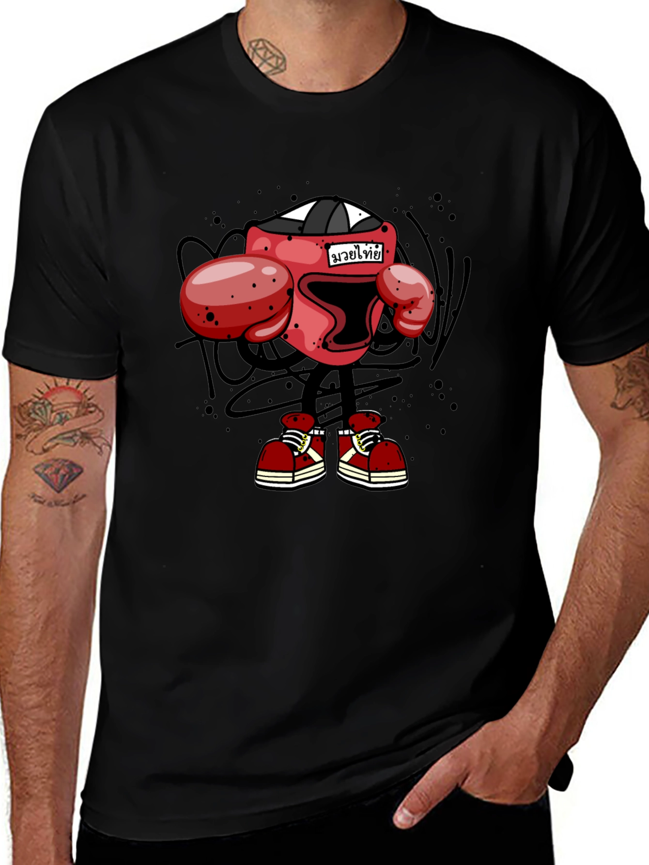 Muay Thai Boxing Cartoon T-Shirt - Black