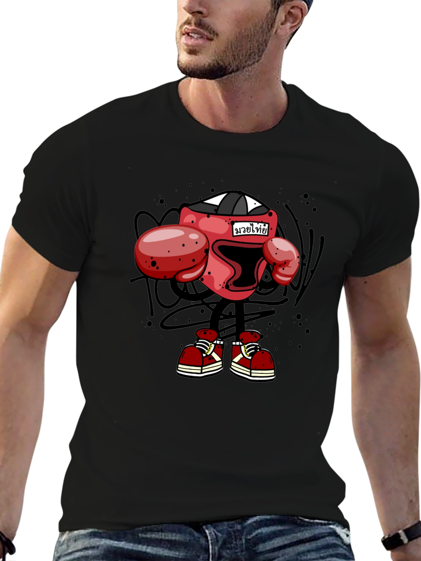 Muay Thai Boxing Cartoon T-Shirt - Black