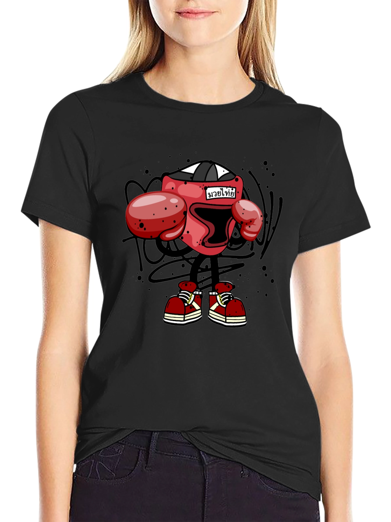 Muay Thai Boxing Cartoon T-Shirt - Black