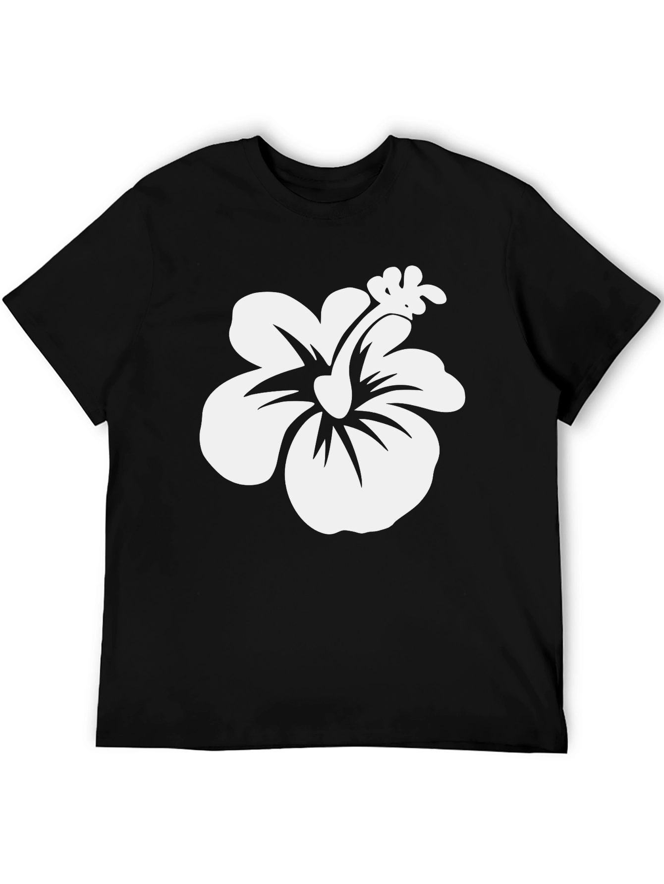 Black T-Shirt with White Hibiscus Flower Print