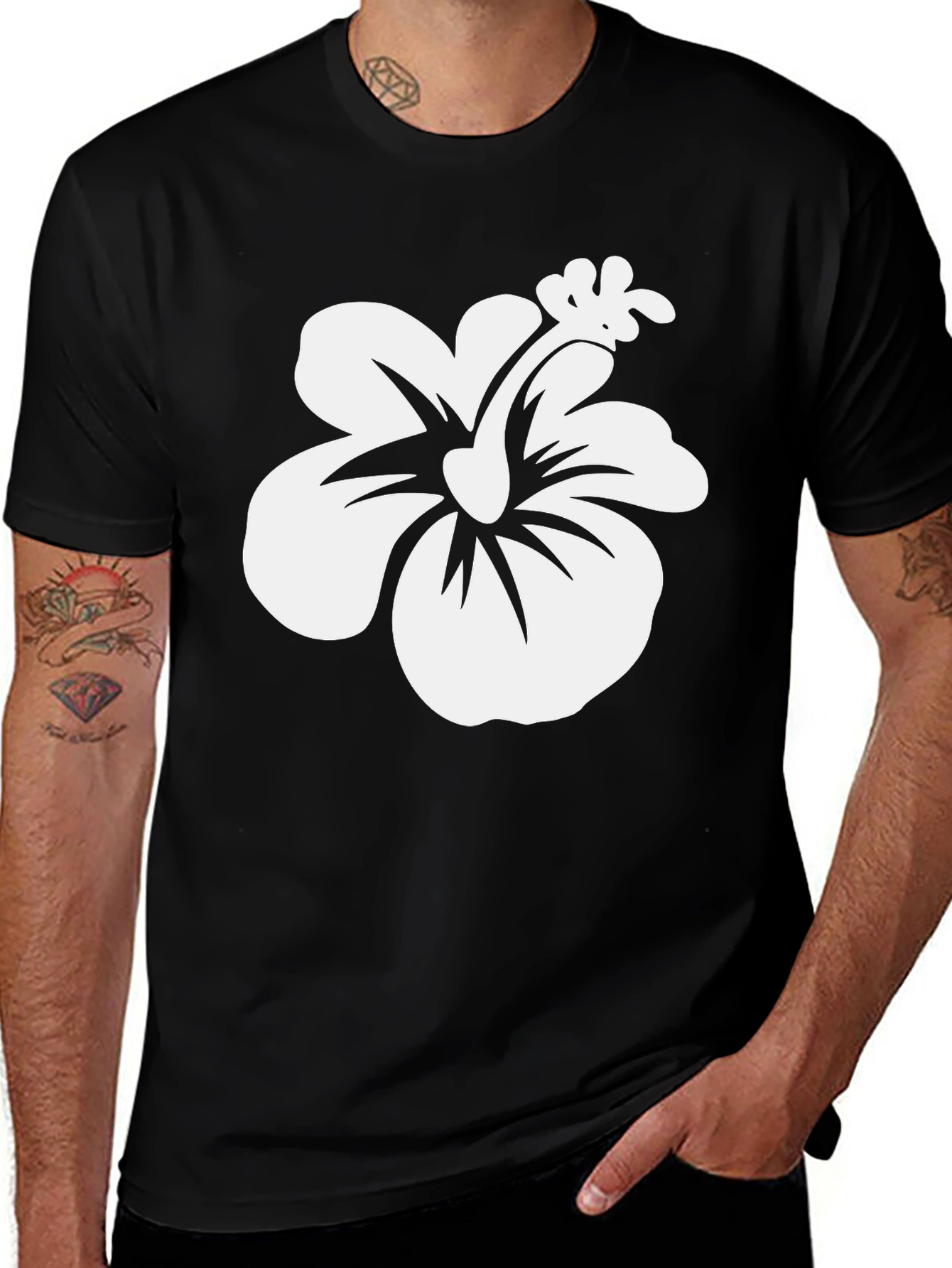 Black T-Shirt with White Hibiscus Flower Print