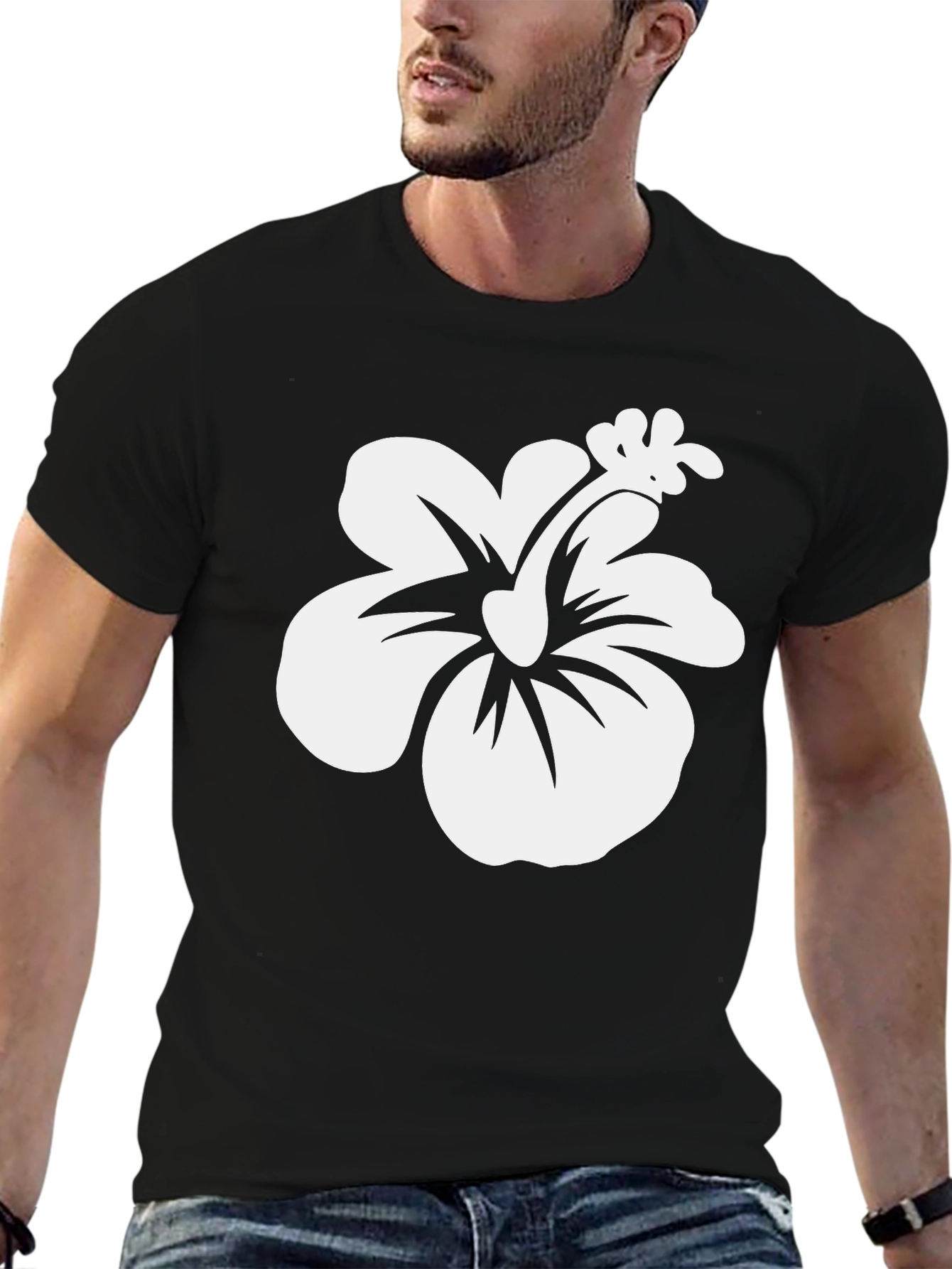 Black T-Shirt with White Hibiscus Flower Print