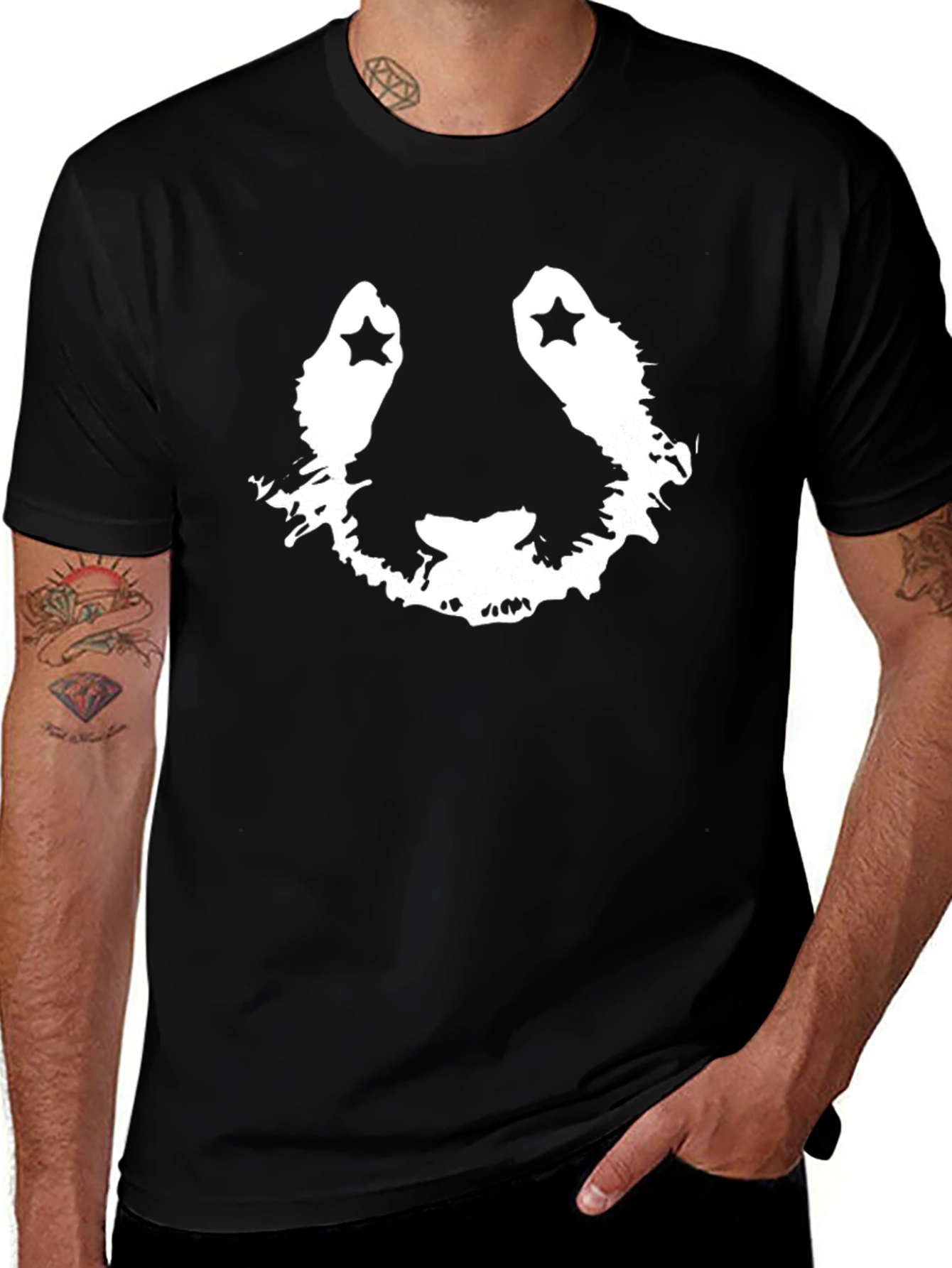 Starry Panda Face Graphic Black T-Shirt