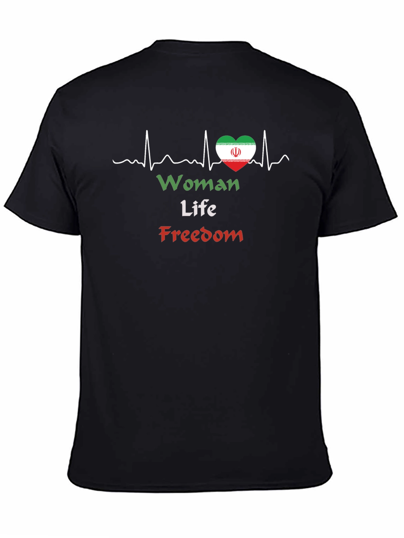 Woman Life Freedom T-Shirt Iran Flag Heartbeat Black
