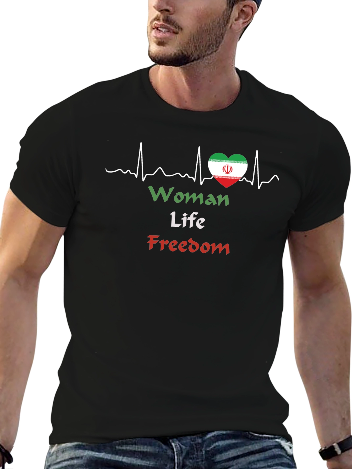 Woman Life Freedom T-Shirt Iran Flag Heartbeat Black