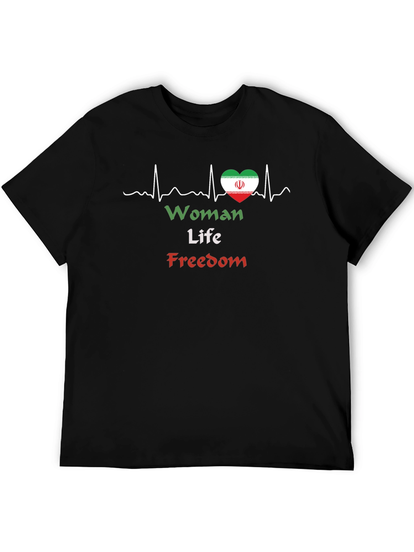 Woman Life Freedom T-Shirt Iran Flag Heartbeat Black