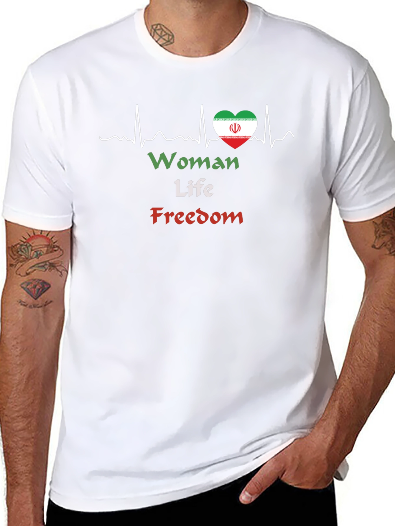 Woman Life Freedom T-Shirt Iran Flag Heartbeat Black