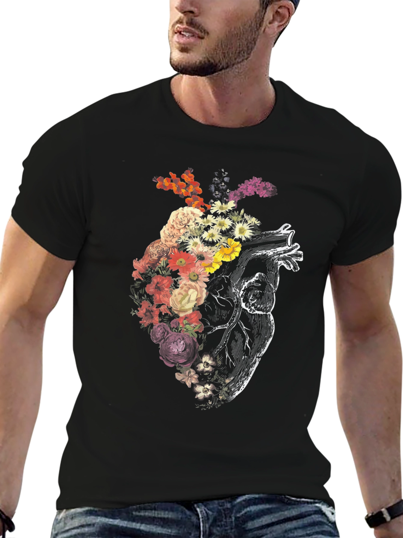 Floral Heart Graphic Tee - Unique Anatomical Design
