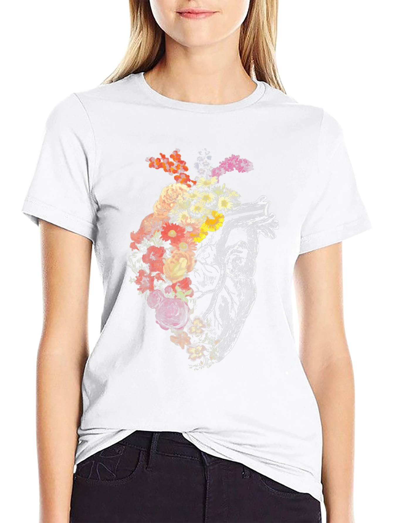 Floral Heart Graphic Tee - Unique Anatomical Design