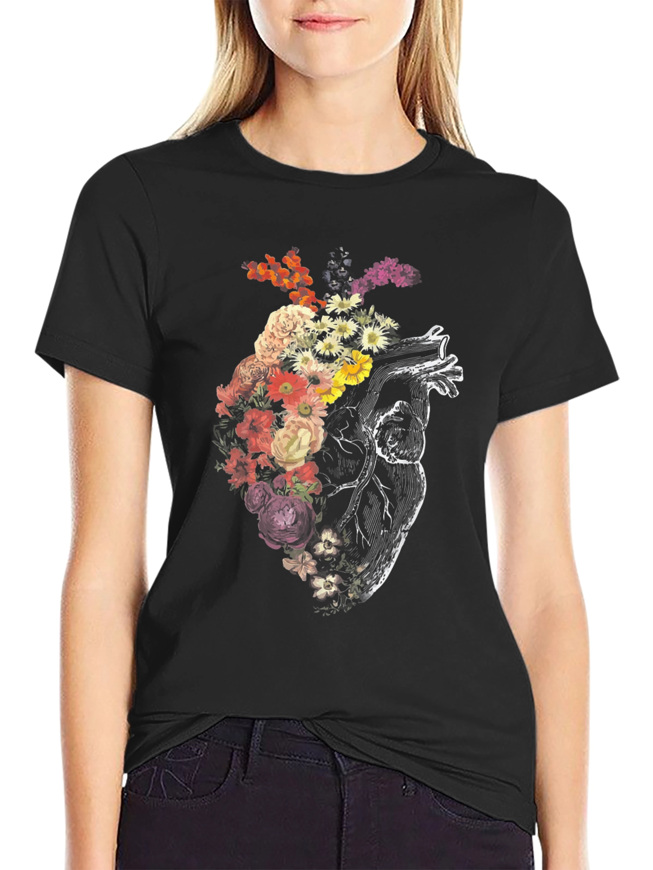 Floral Heart Graphic Tee - Unique Anatomical Design