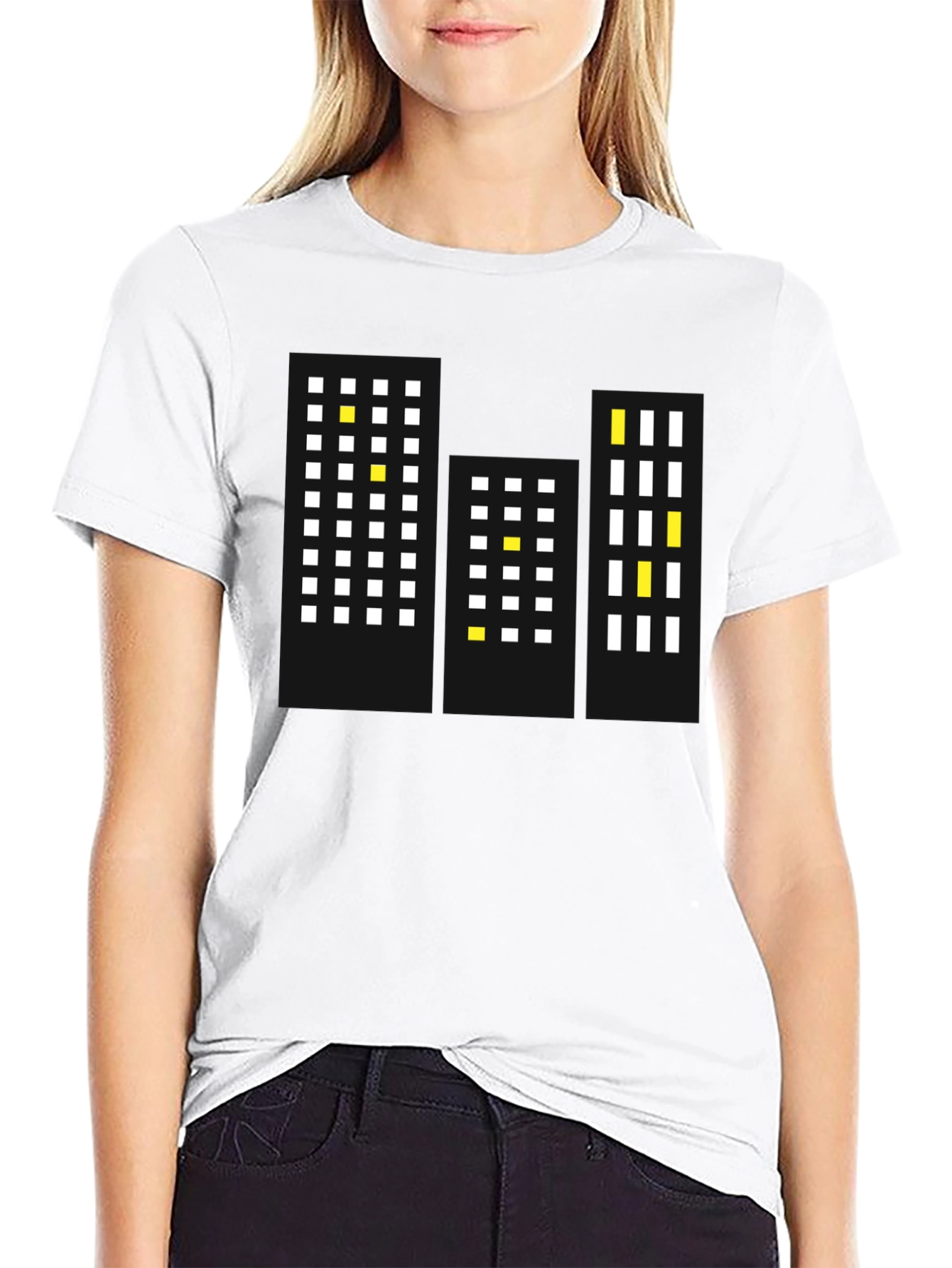 Pixel Cityscape Black T-Shirt - Modern Urban Style
