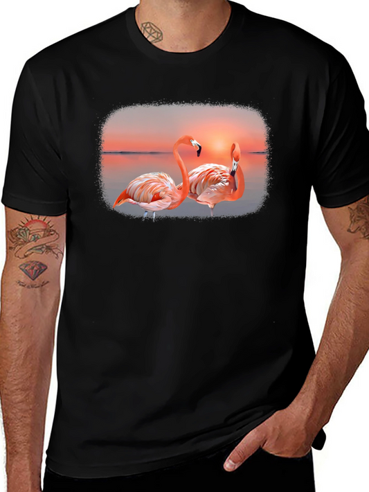 Flamingo Sunset Graphic Tee - Black Cotton T-Shirt