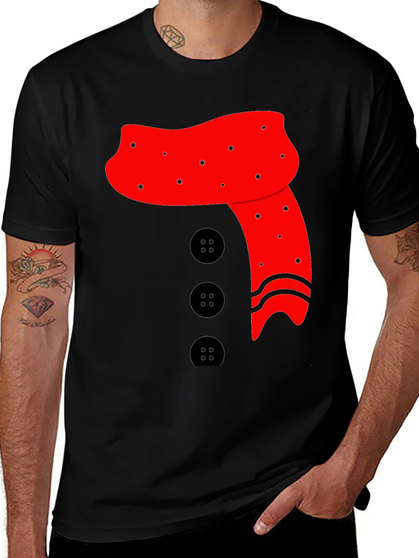 Novelty Snowman Scarf & Buttons Black Tee