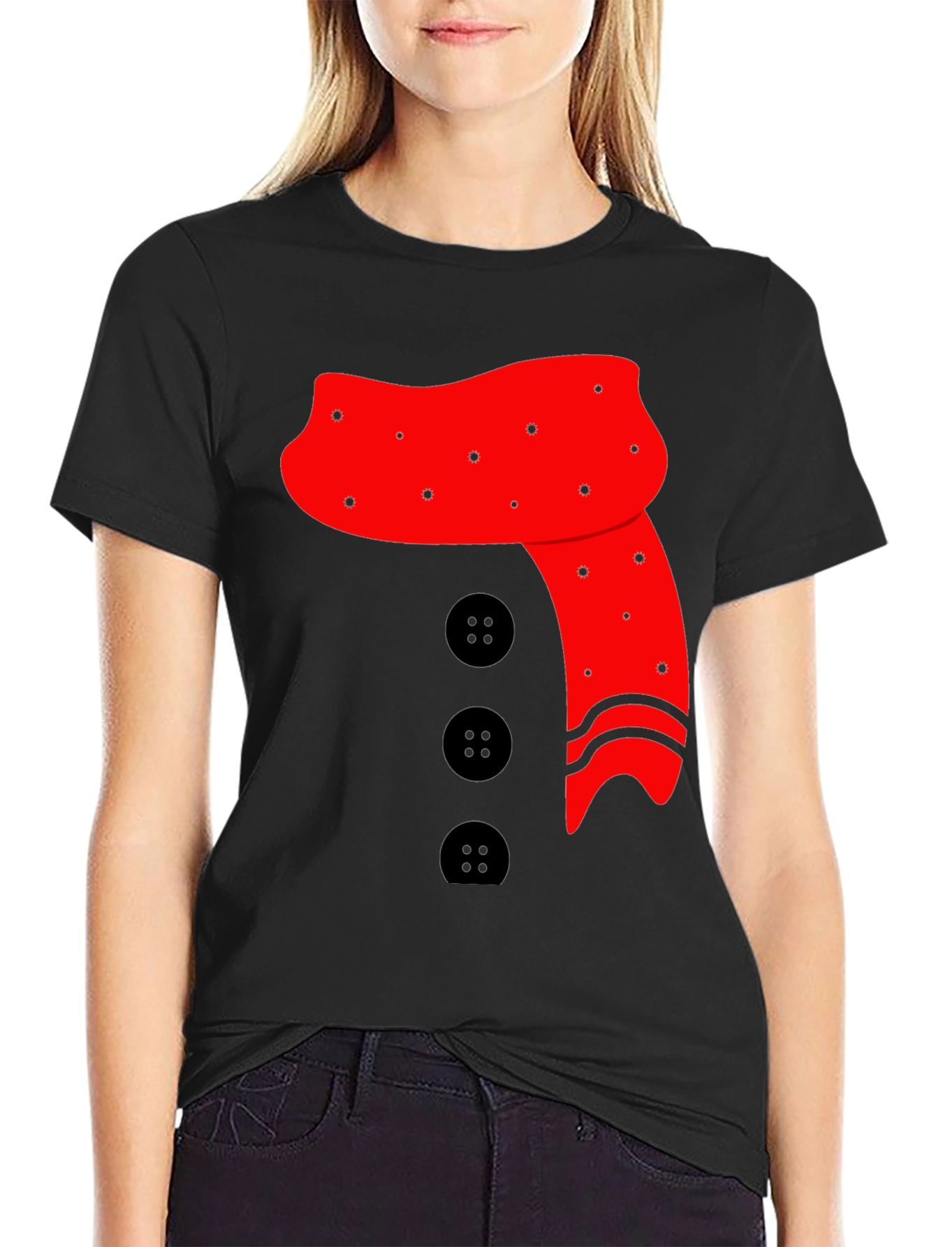 Novelty Snowman Scarf & Buttons Black Tee
