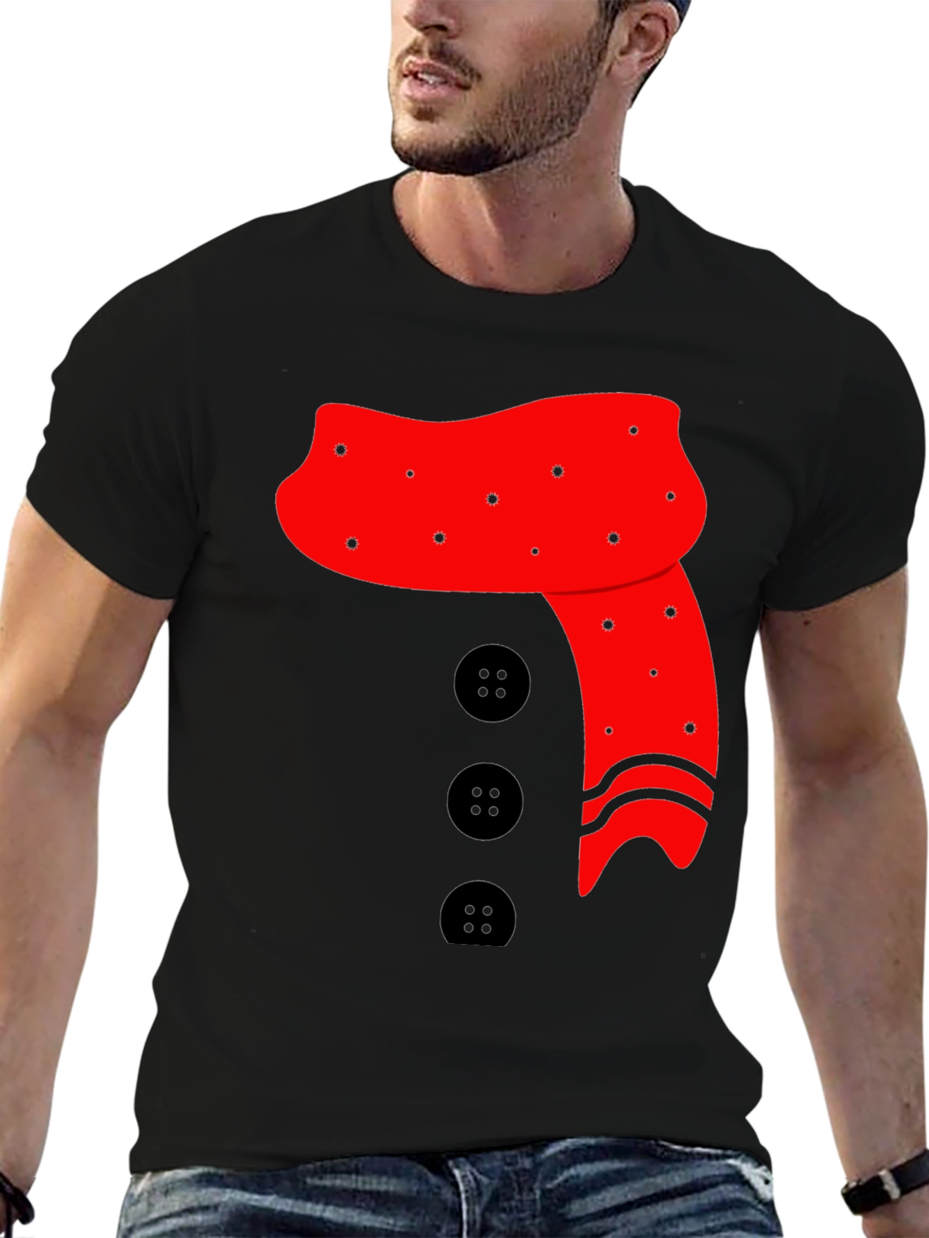 Novelty Snowman Scarf & Buttons Black Tee