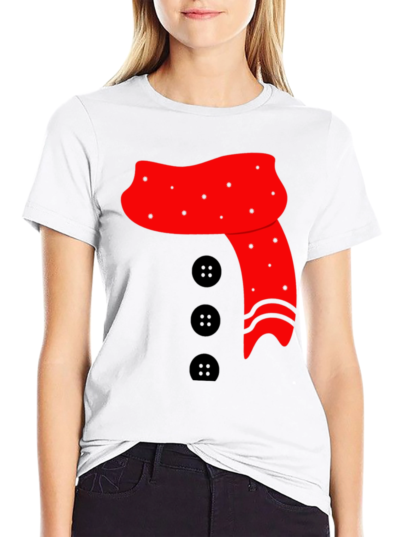 Novelty Snowman Scarf & Buttons Black Tee