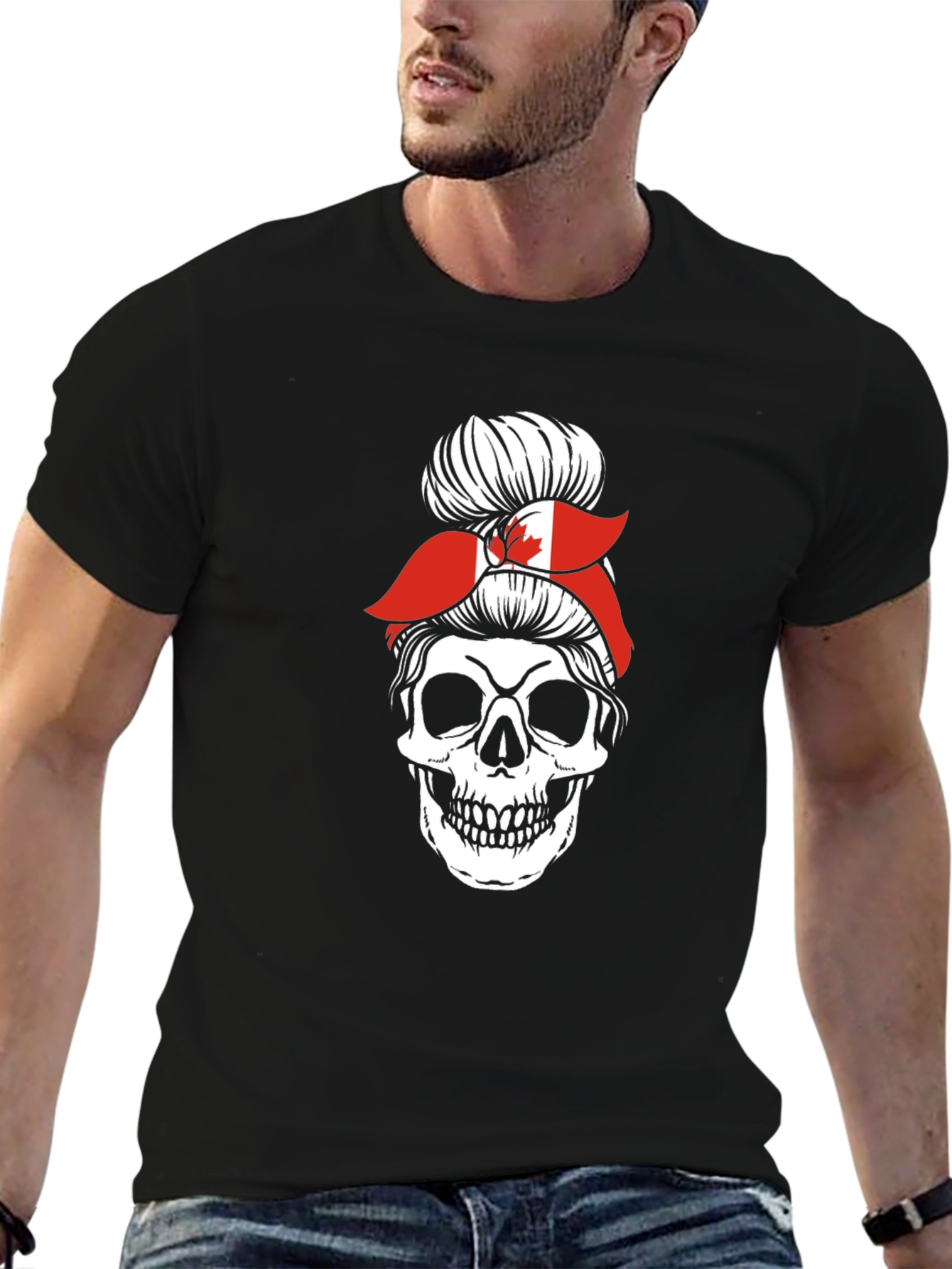 Skull Messy Bun Canada Flag Graphic Tee