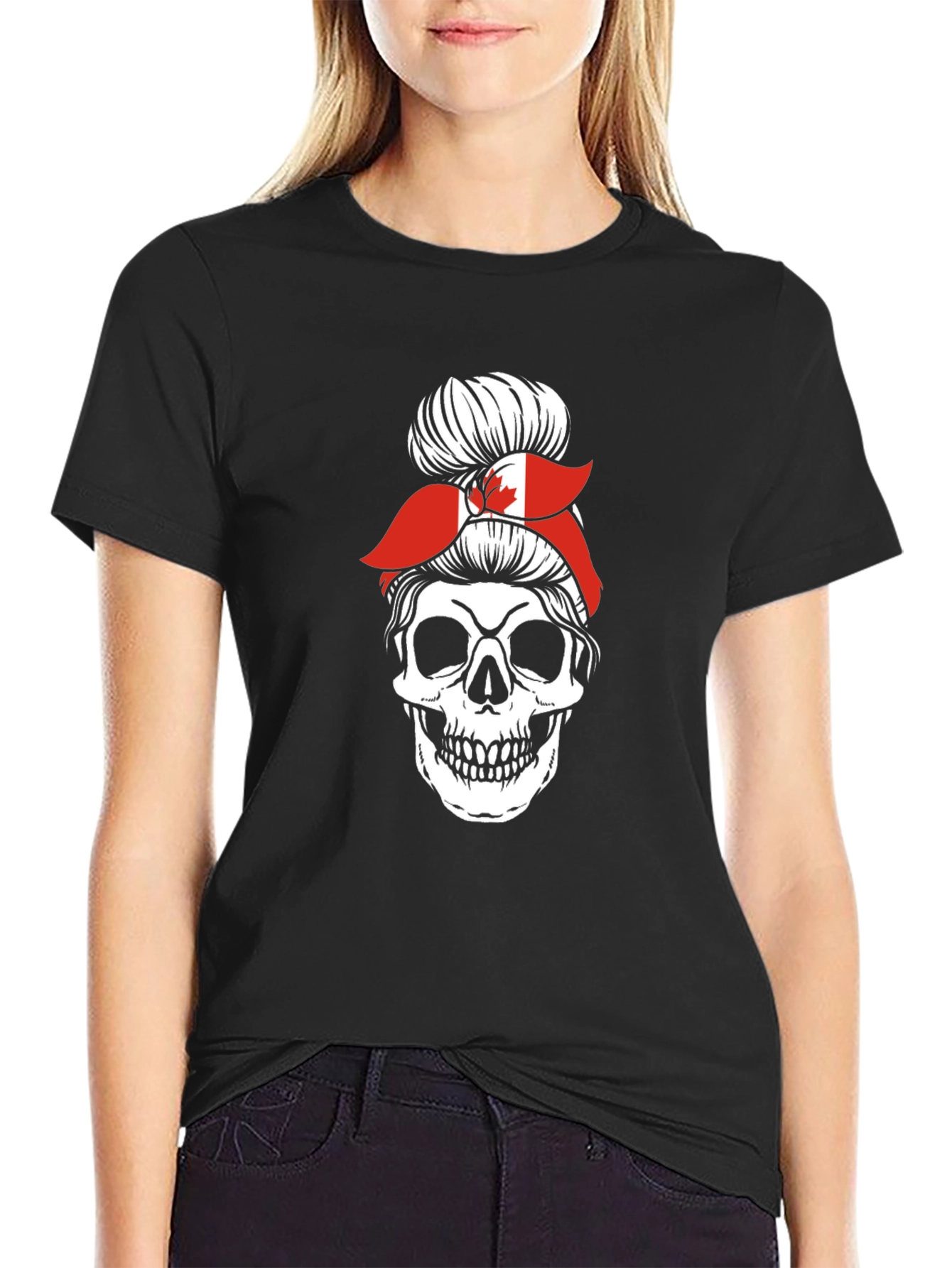 Skull Messy Bun Canada Flag Graphic Tee
