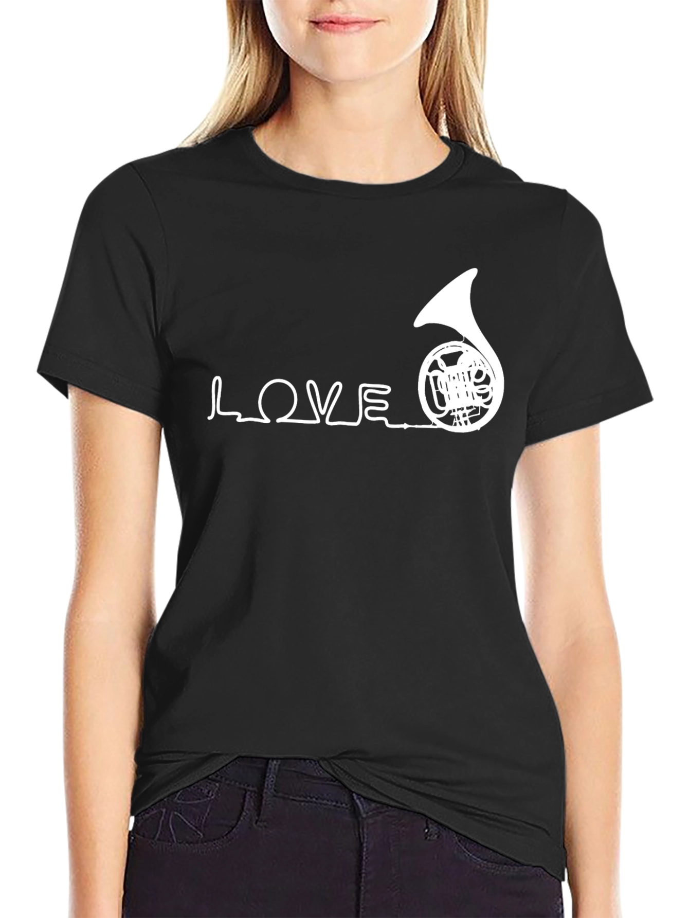 Love French Horn Black T-Shirt Musician Tee