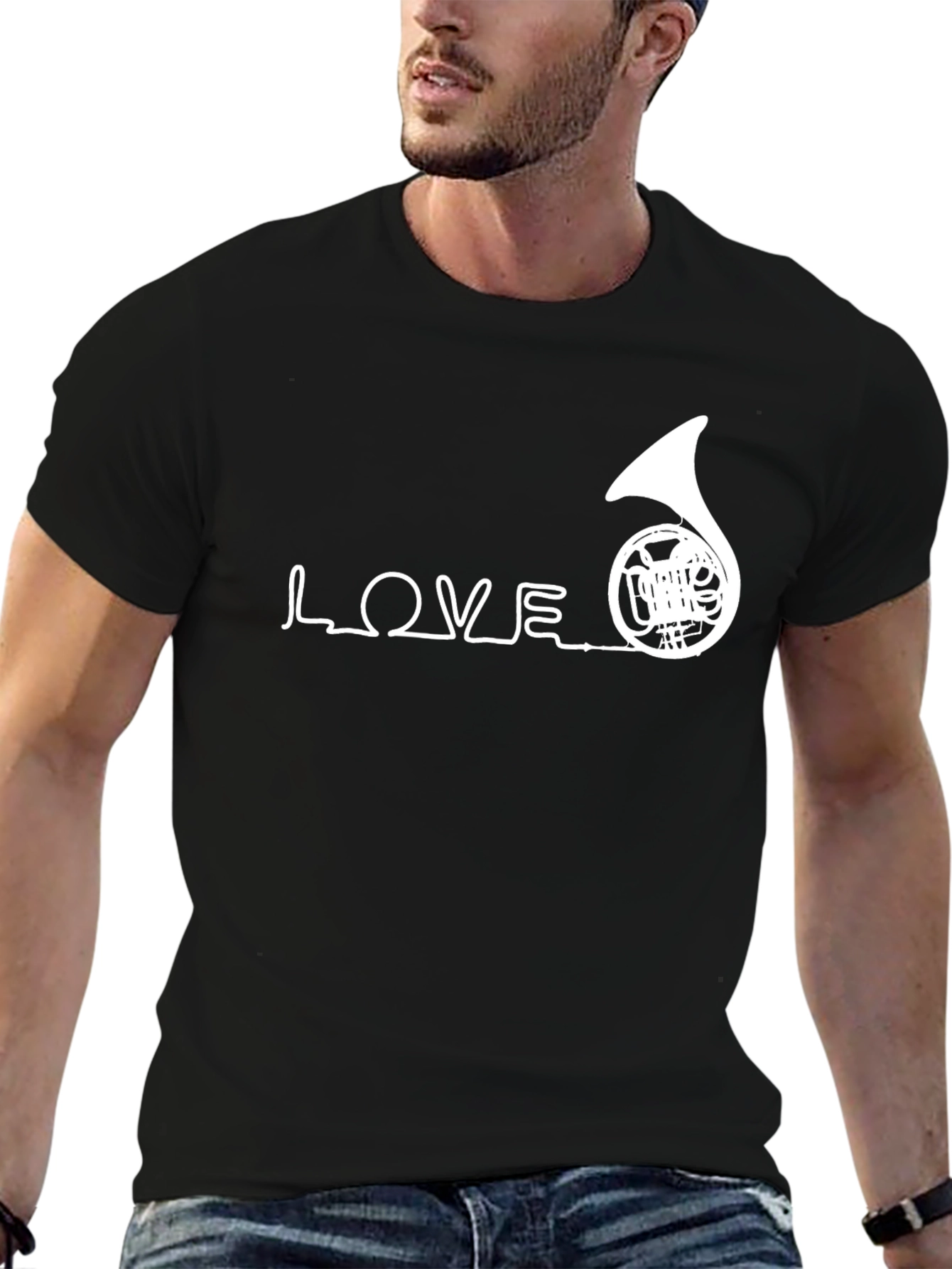 Love French Horn Black T-Shirt Musician Tee
