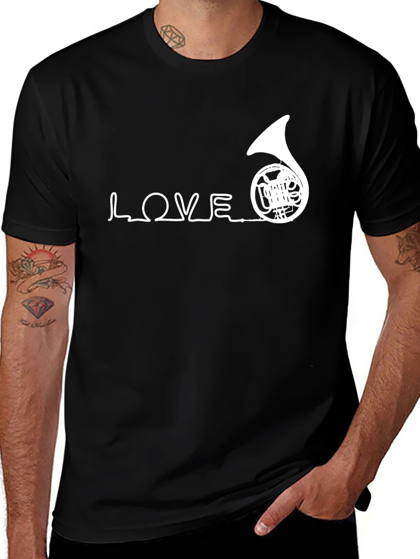 Love French Horn Black T-Shirt Musician Tee