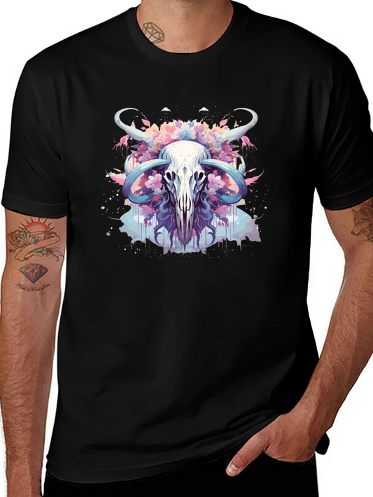Floral Bull Skull Graphic Tee - Mens Black T-Shirt