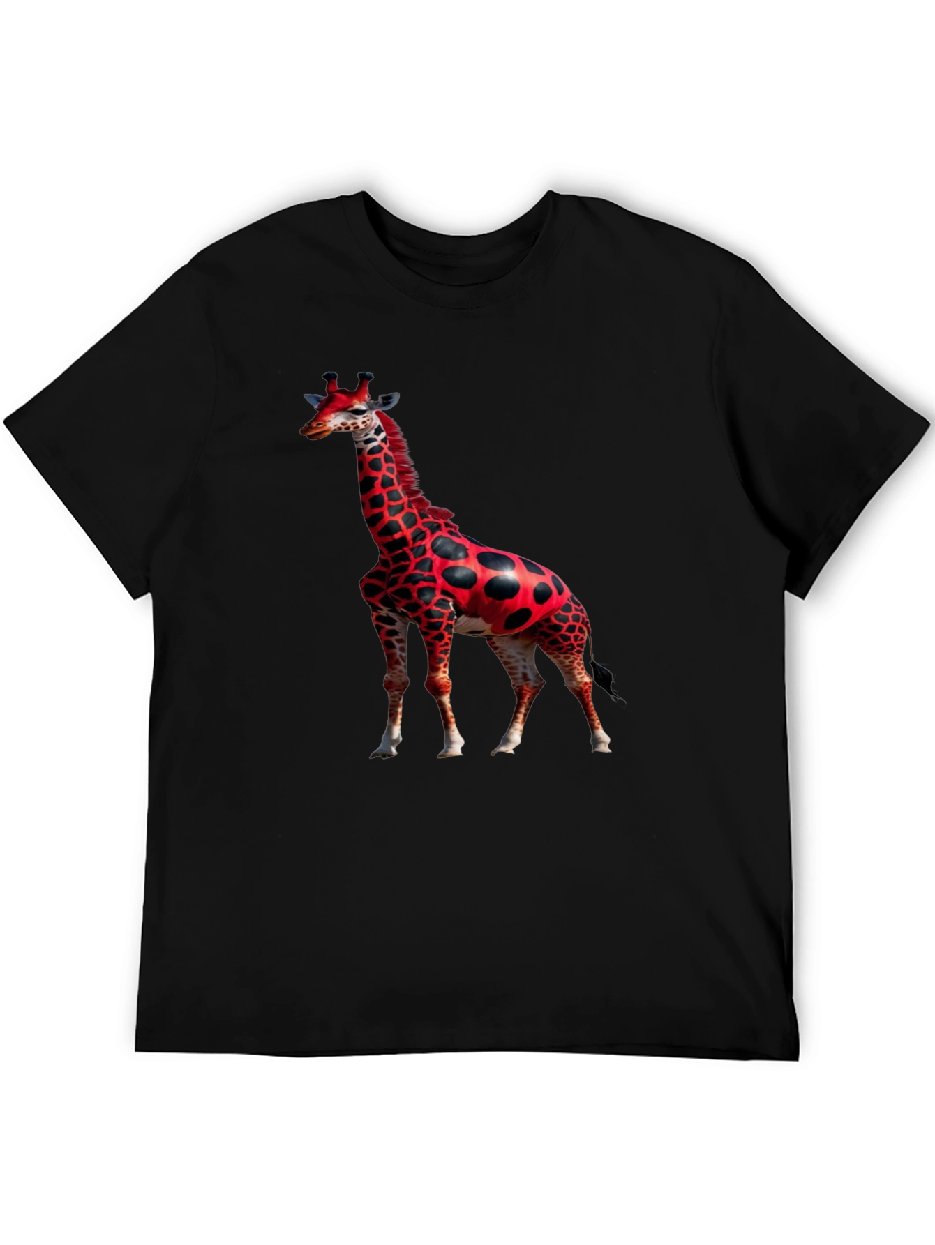Red Giraffe Print Black T-Shirt