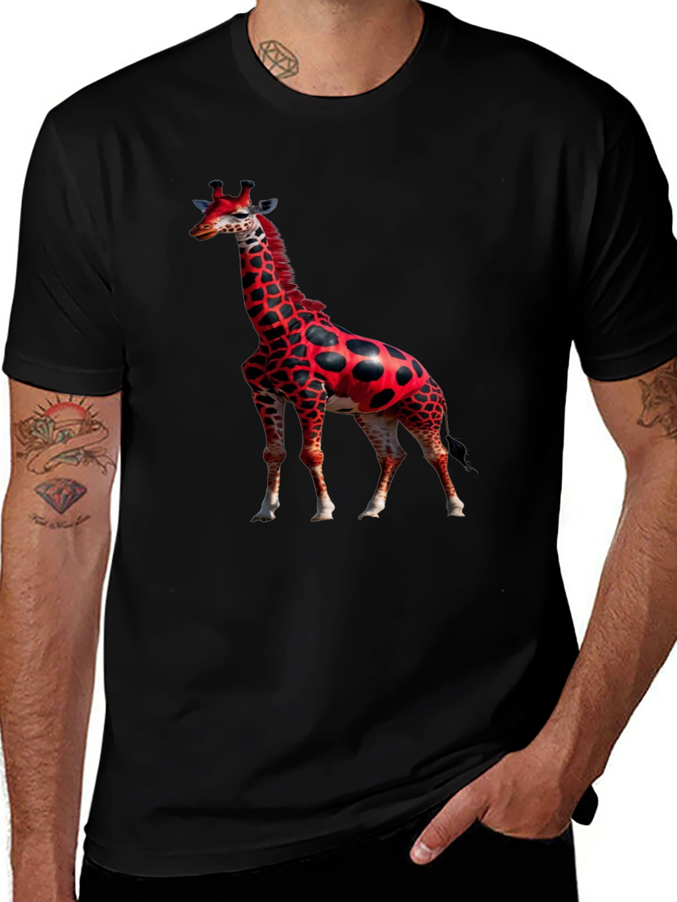 Red Giraffe Print Black T-Shirt