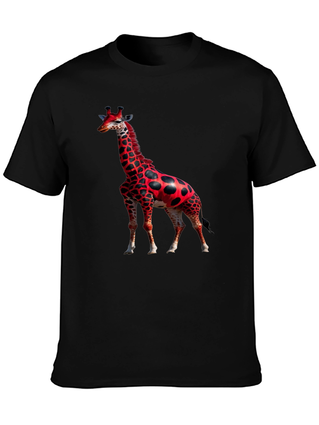 Red Giraffe Print Black T-Shirt