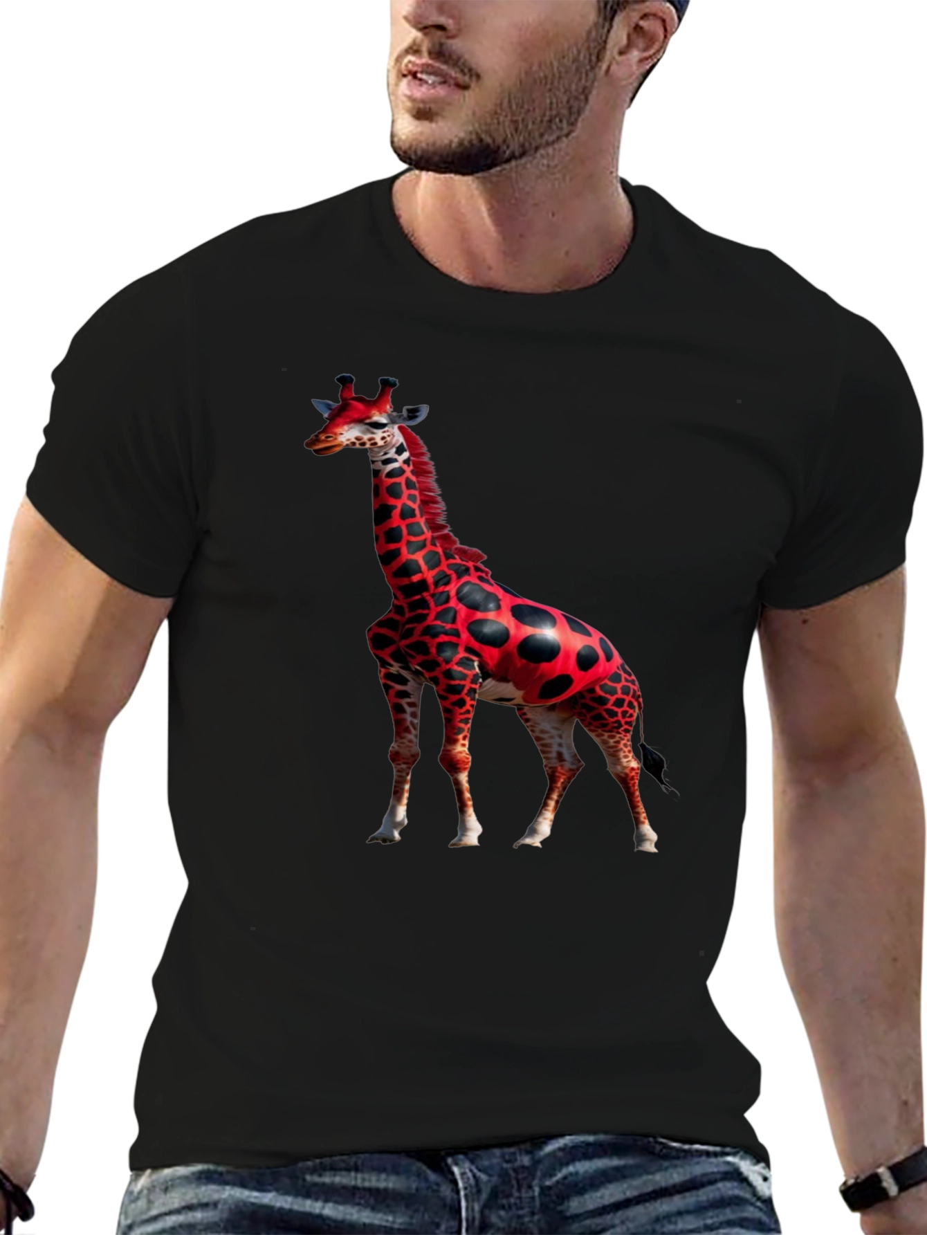 Red Giraffe Print Black T-Shirt