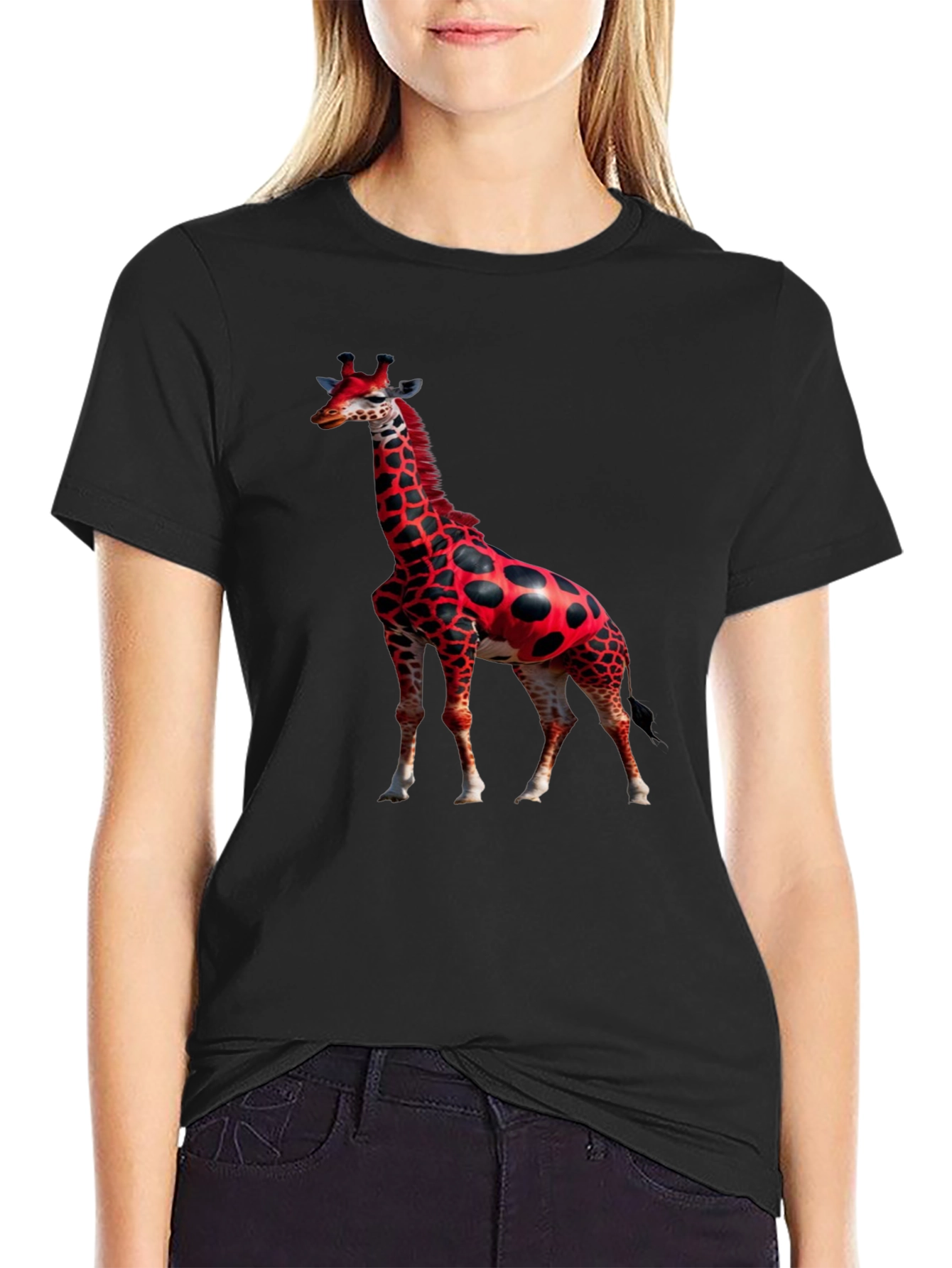 Red Giraffe Print Black T-Shirt