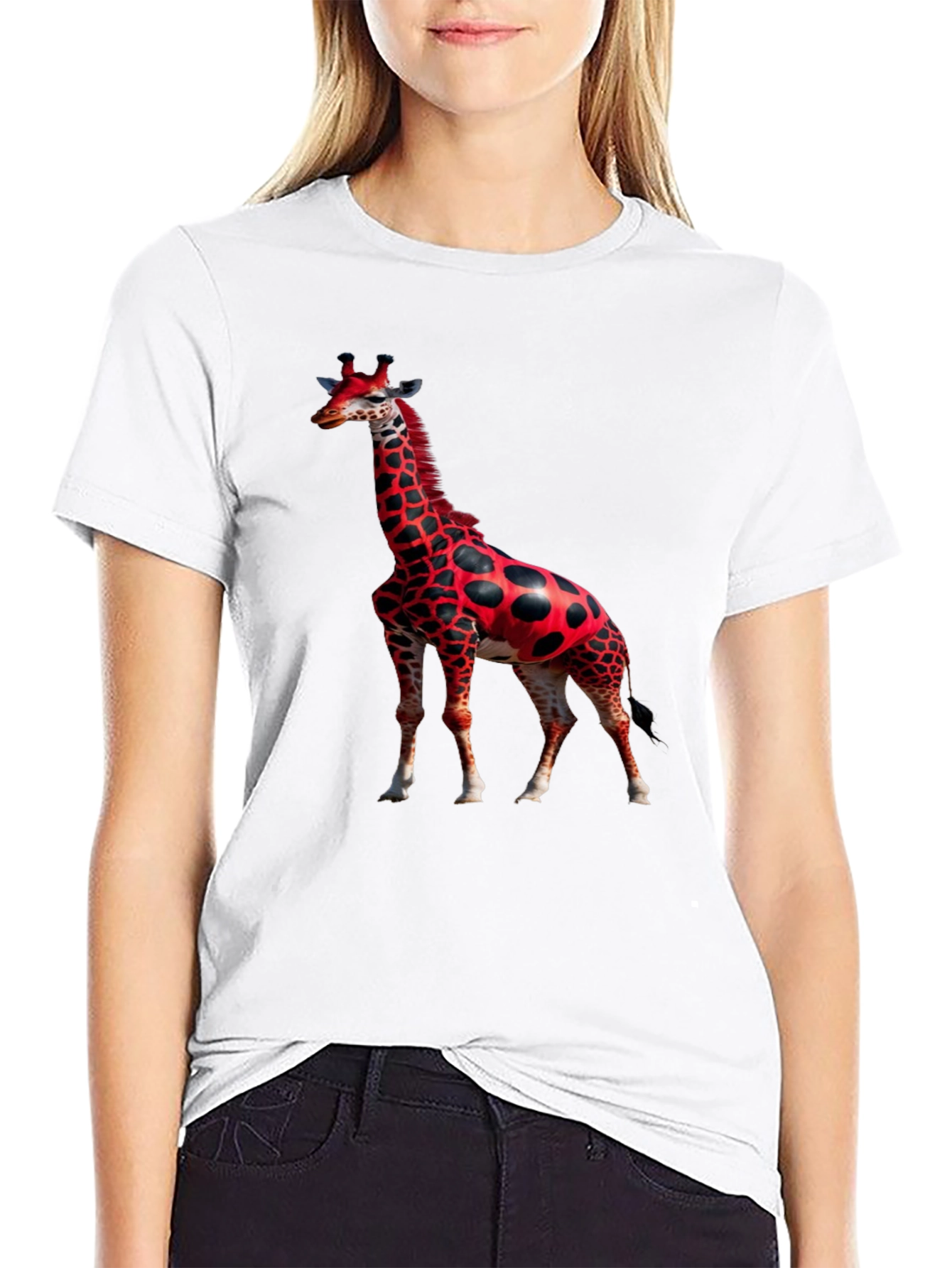 Red Giraffe Print Black T-Shirt