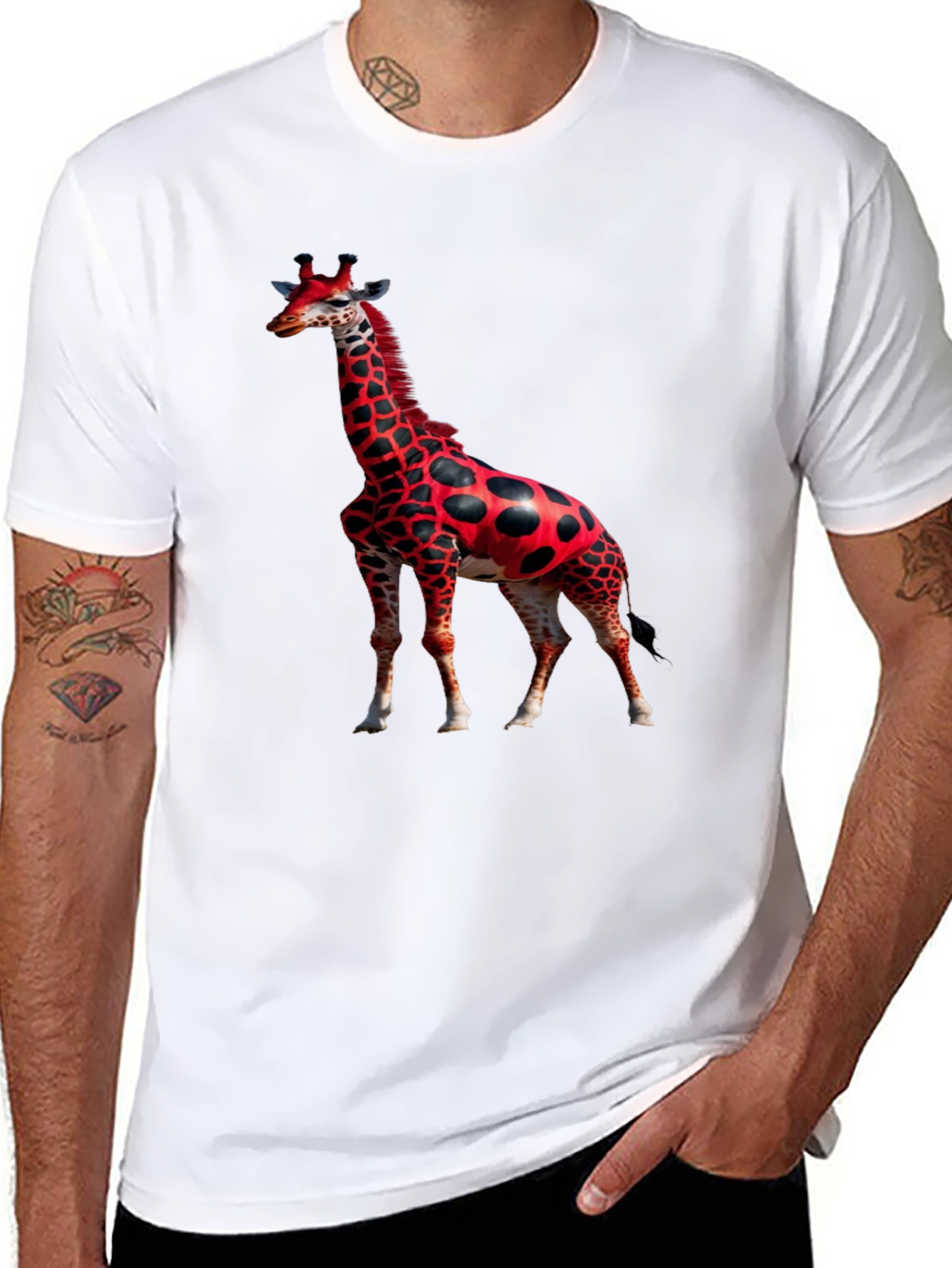 Red Giraffe Print Black T-Shirt