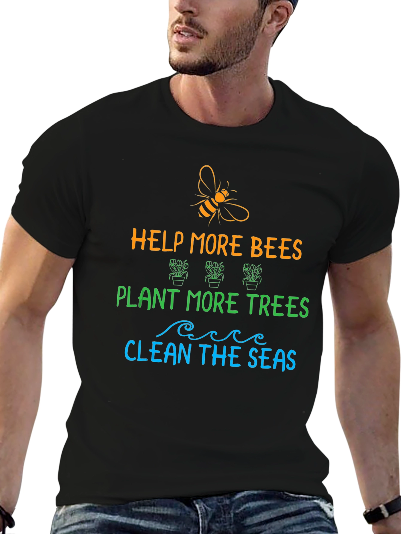 Help Bees Plant Trees Clean Seas Black Graphic T-Shirt